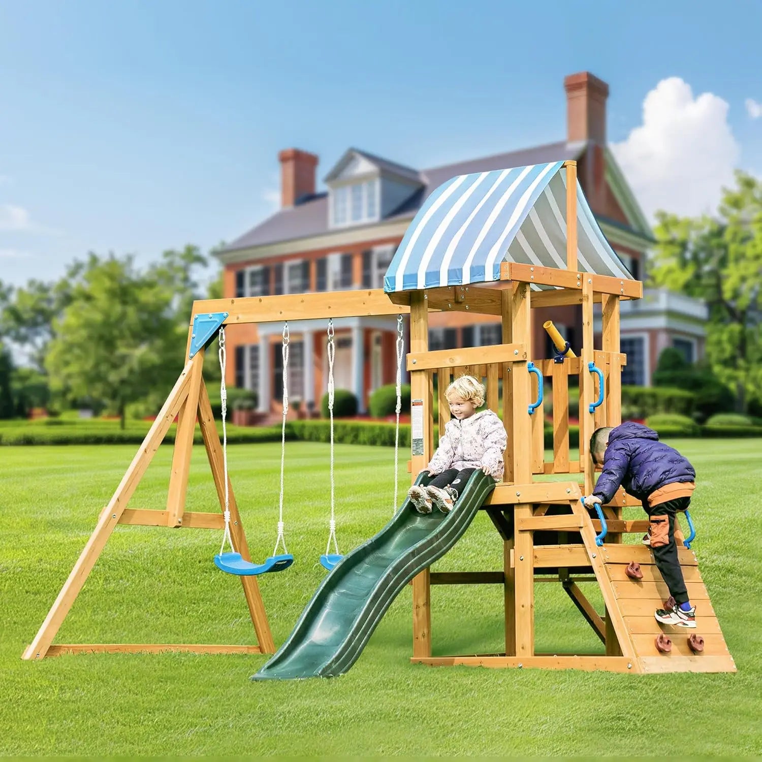 Rolife Wooden Swing Set With Dual Swings Rock Climbing Wall