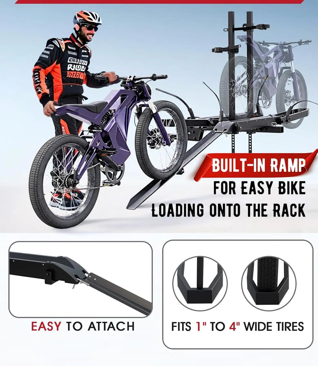 Ebike Rack With Ramp Foldable Tow Hitch Carrier For Two Fat Tire Bikes 300lb