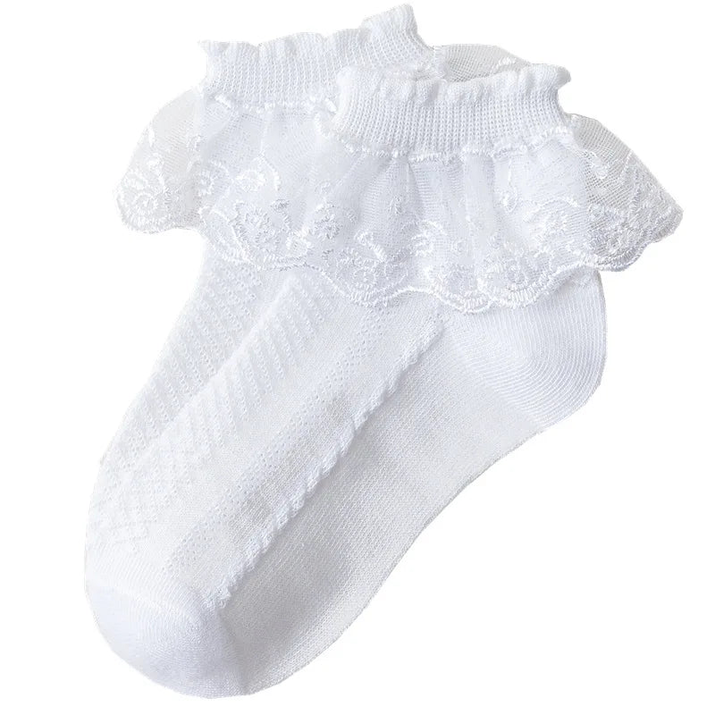 10 Pairs Baby Girls Socks – Lace Ruffle Princess Ankle Socks, Breathable Cotton Mesh for Toddlers, White, Pink & Blue
