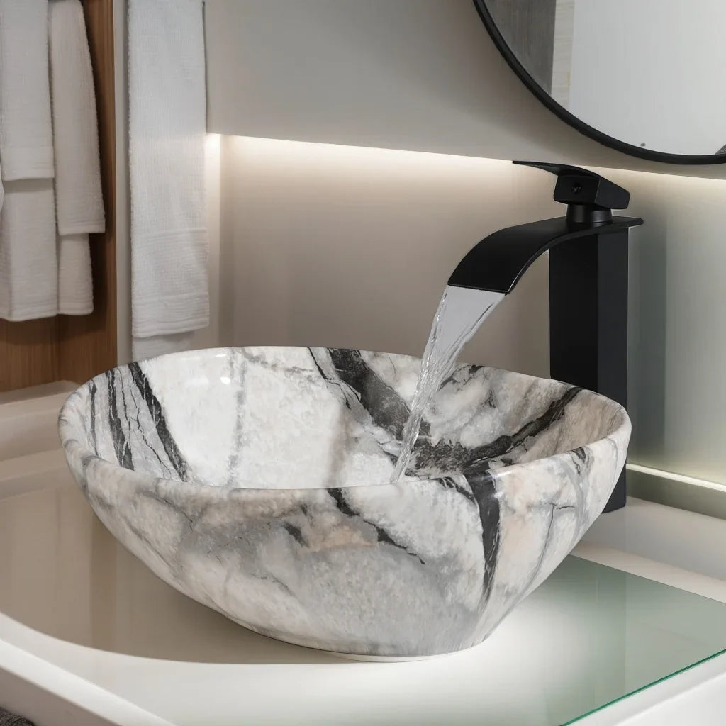 Torayvino Marble Pattern Ceramic Vessel Sink Set Matte Faucet