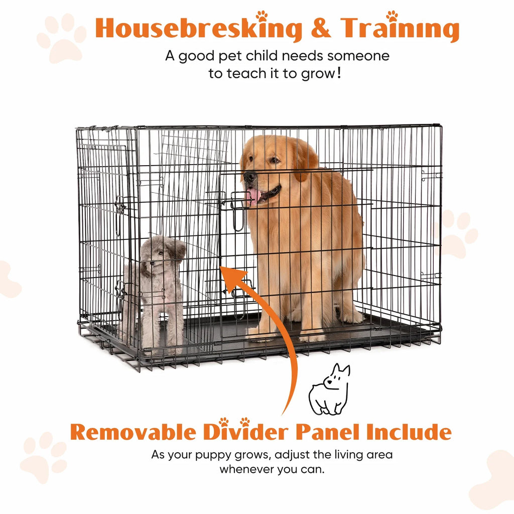 JHK Double Door Folding Dog Cage With Leakproof Pan