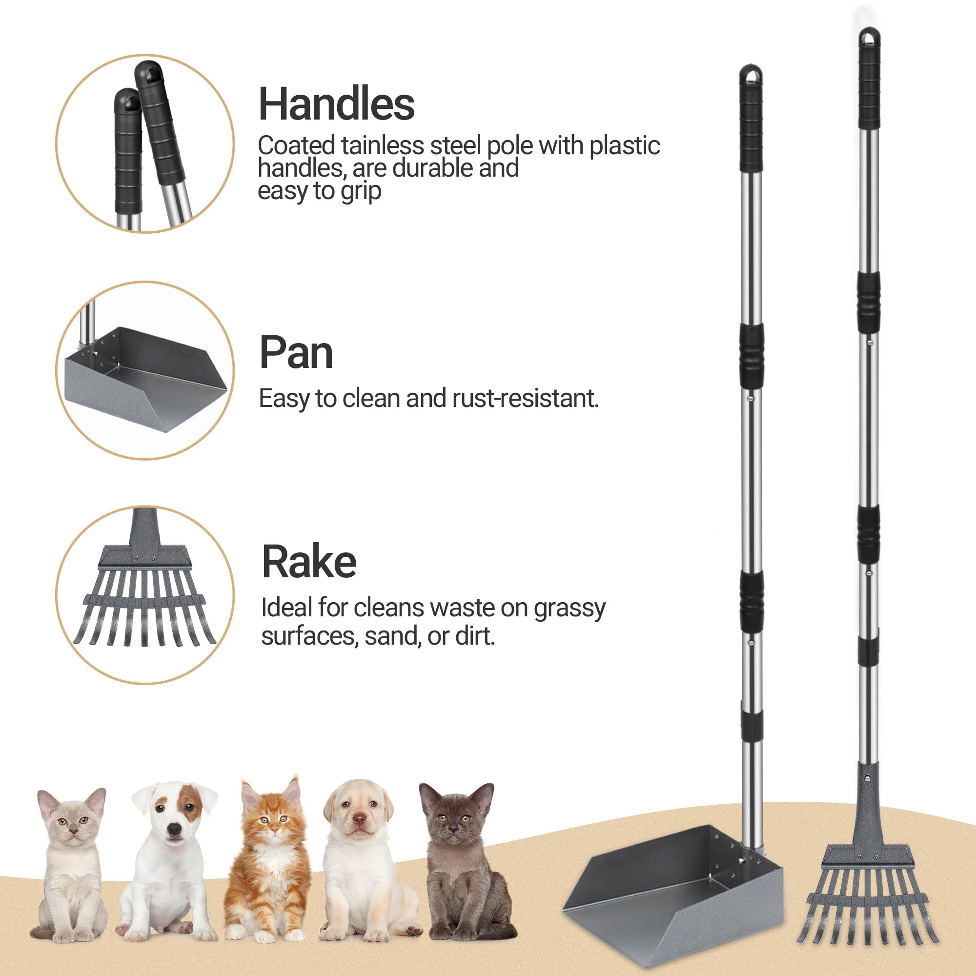 Dog Pooper Scooper and Rake Set with Stainless Handles