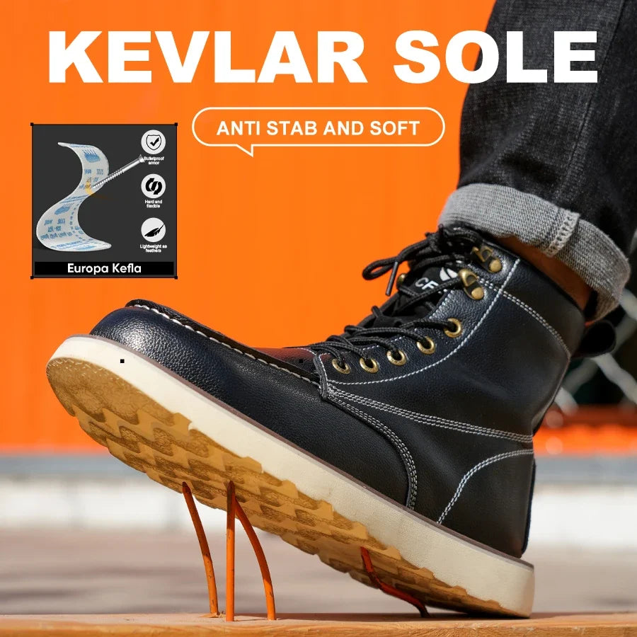 Two layer cowhide men's anti-smash anti-puncture high top work safety shoes