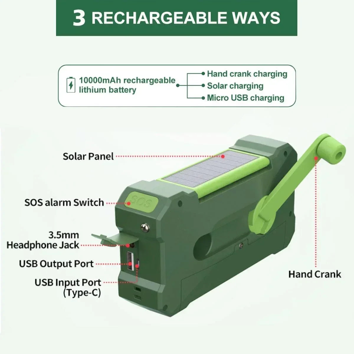 Solar Hand Crank Emergency Radio Green