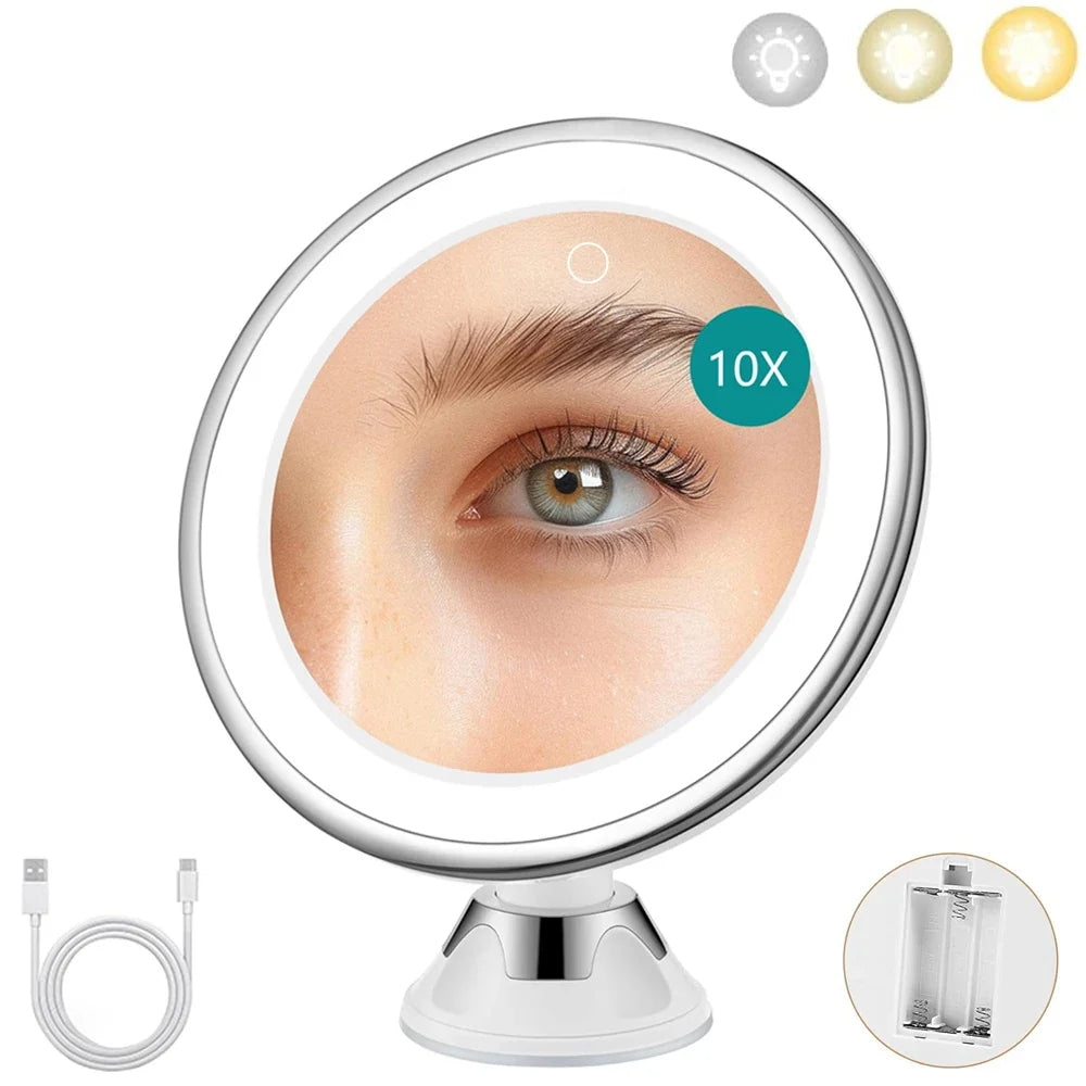 LED Makeup Mirror With 10x Magnification And Three Color Lights
