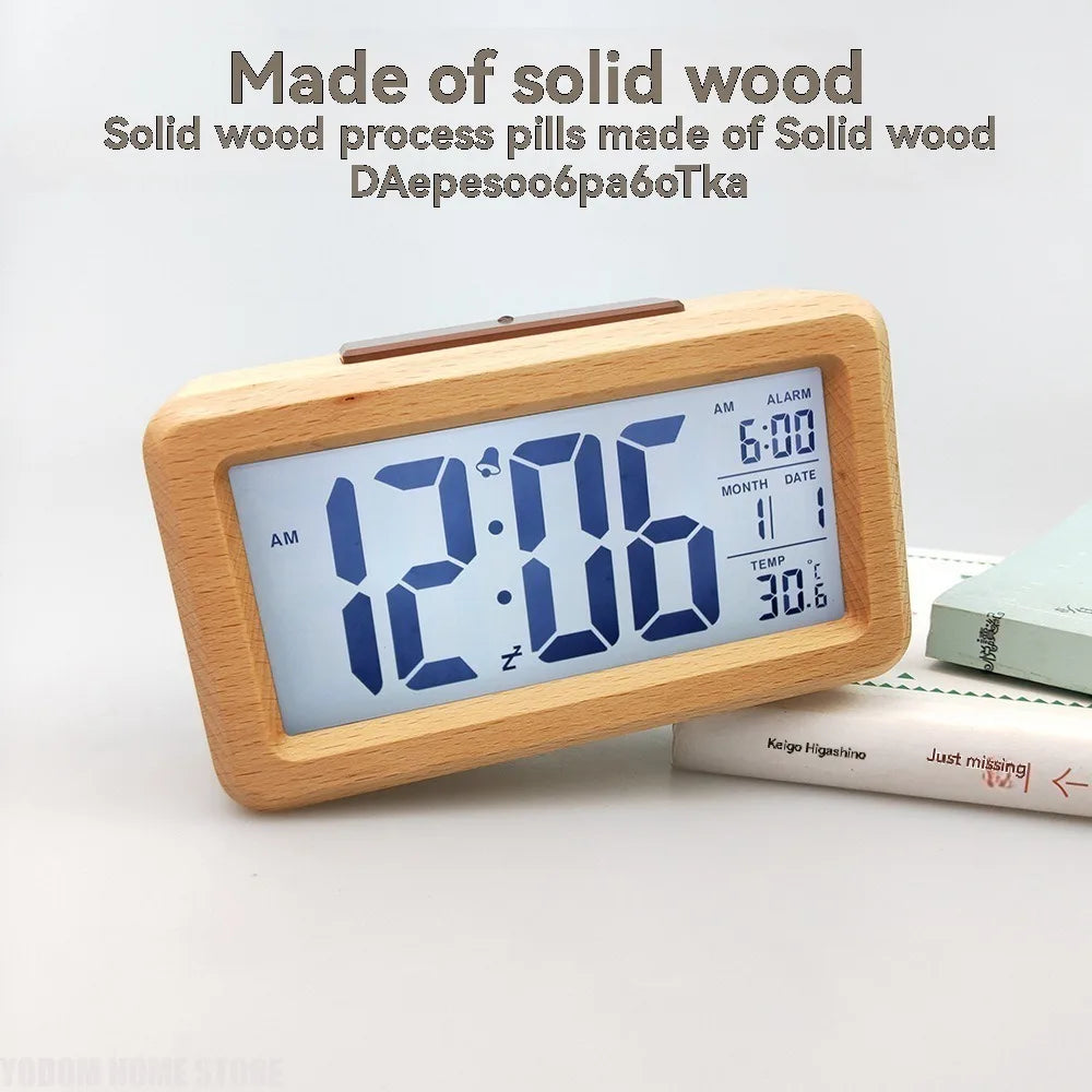 Wooden LED Digital Alarm Clock With Snooze Date Temperature