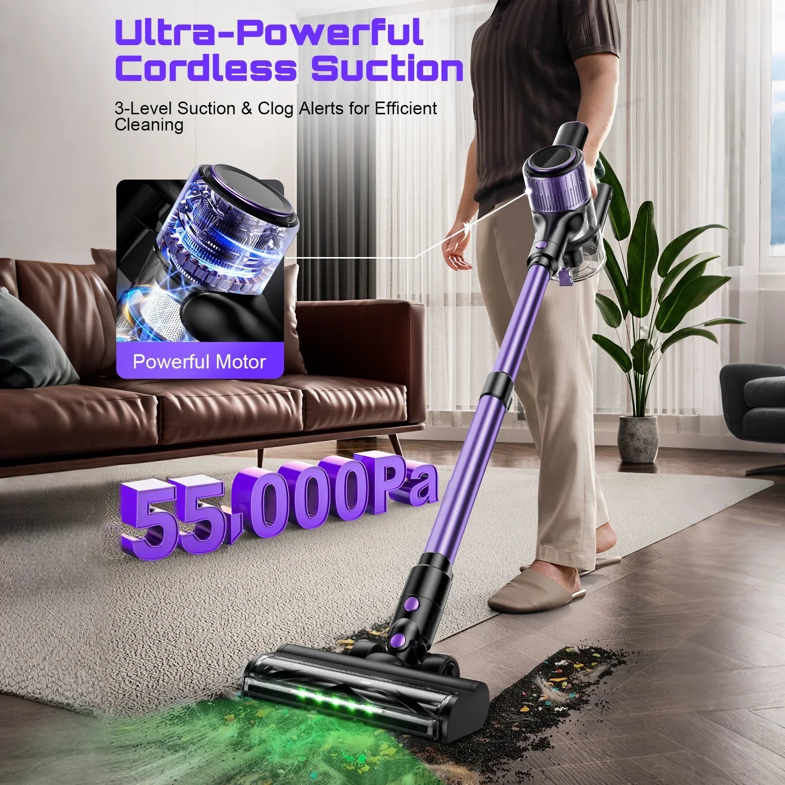 SUXIANGVACC Cordless Vacuum Cleaner 55Kpa 500W 45min 10 In 1