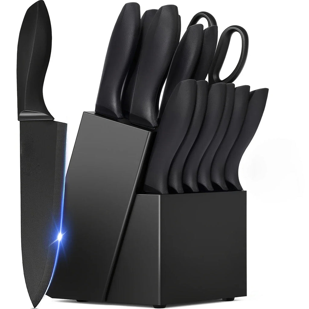 Stainless Steel Kitchen Knife Set With Block Sharpener Scissors