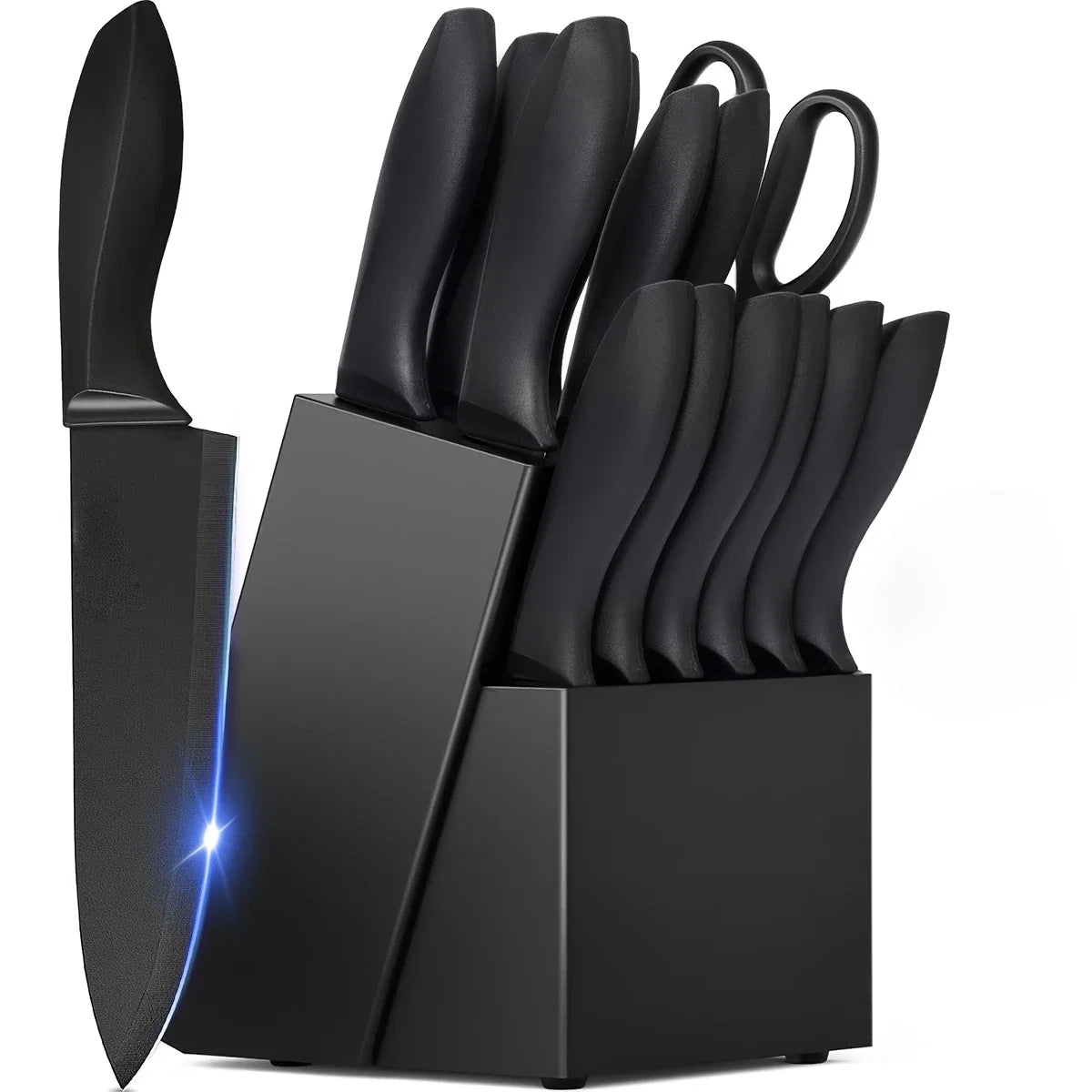 Stainless Steel Kitchen Knife Set With Block Sharpener Scissors