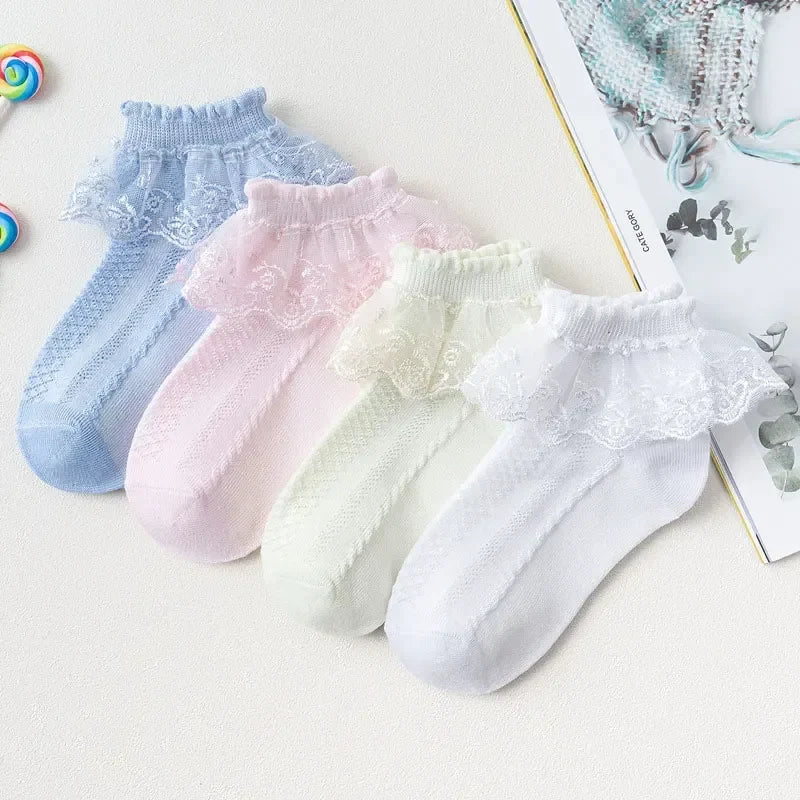 10 Pairs Baby Girls Socks – Lace Ruffle Princess Ankle Socks, Breathable Cotton Mesh for Toddlers, White, Pink & Blue