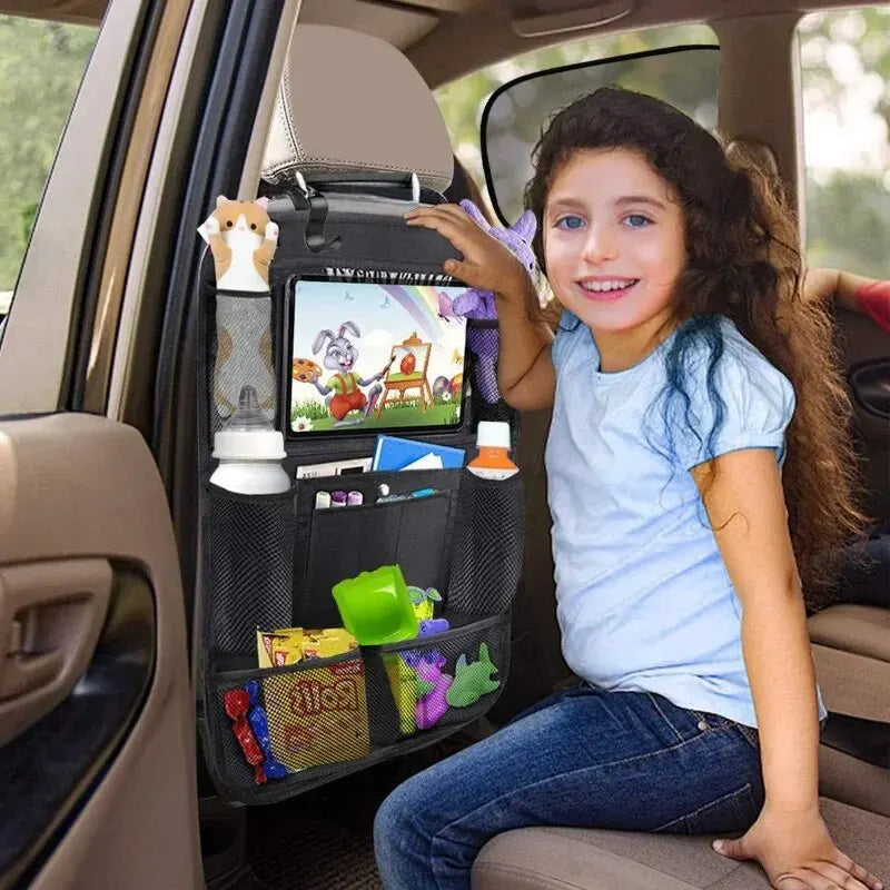 Multifunctional Car Seat Organizer – Oxford Fabric Backseat Storage Bag with Tablet Holder & Multi-Pockets for Kids