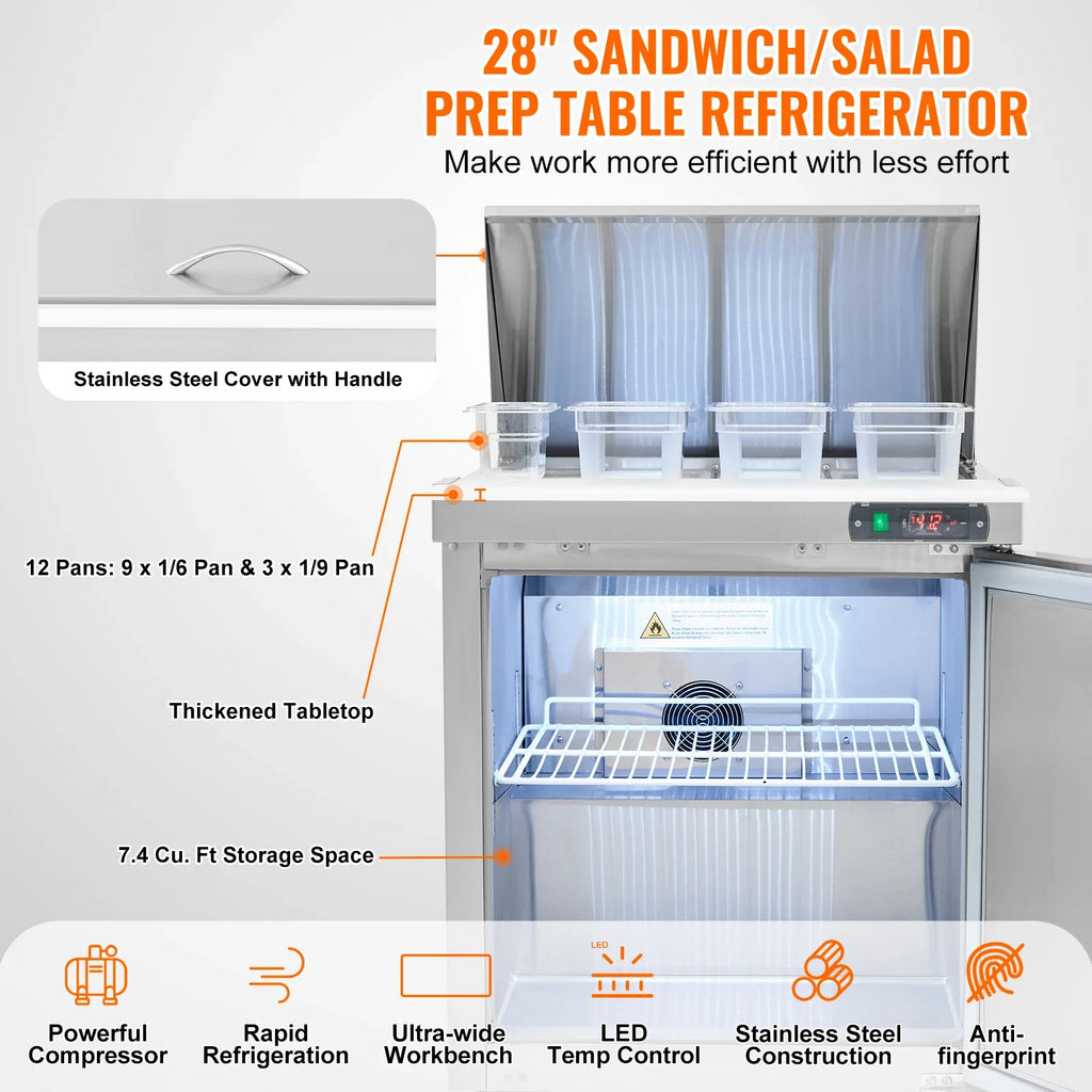 SucceBuy Stainless Steel Commercial Refrigerator Sandwich And Salad Prep Table