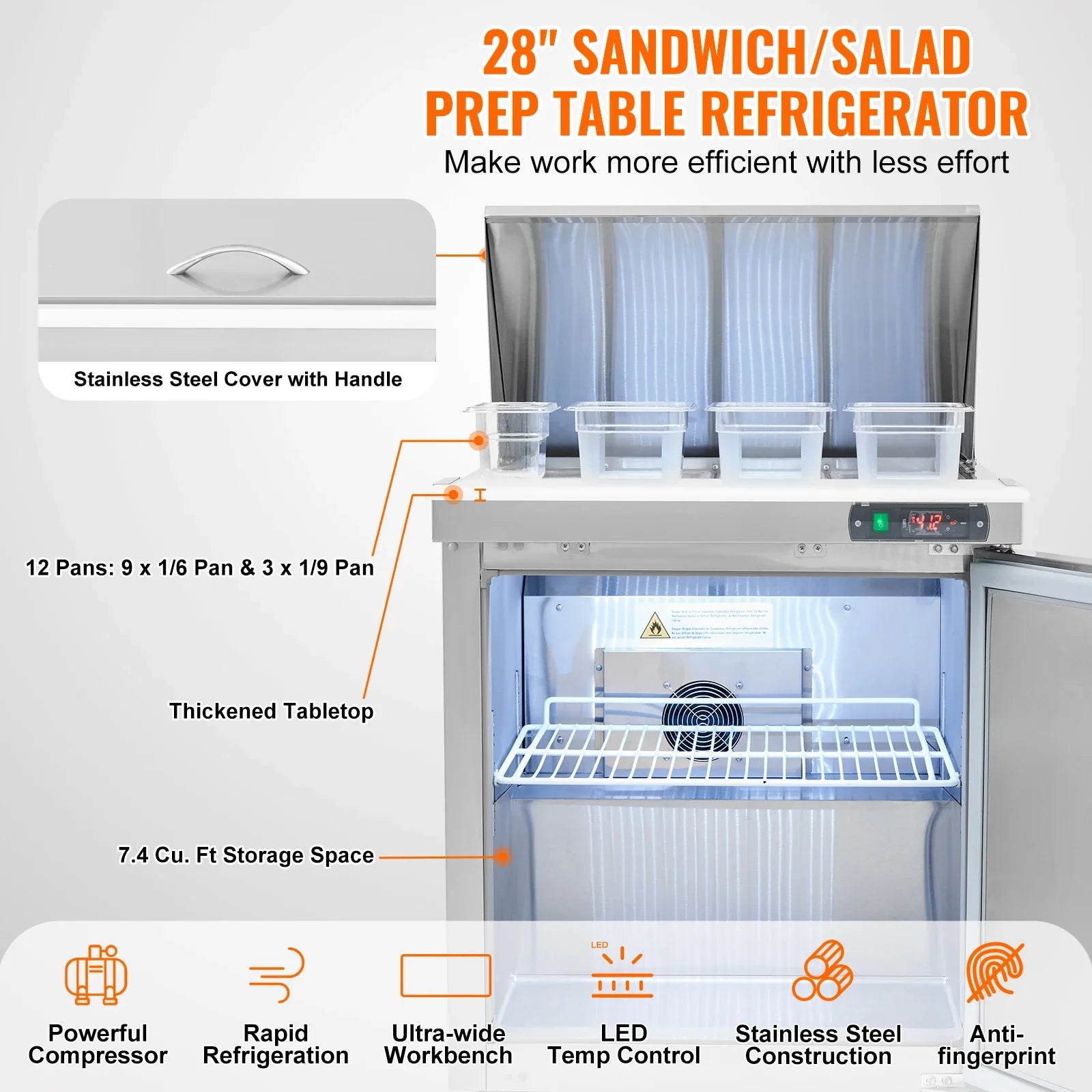 SucceBuy Stainless Steel Commercial Refrigerator Sandwich And Salad Prep Table
