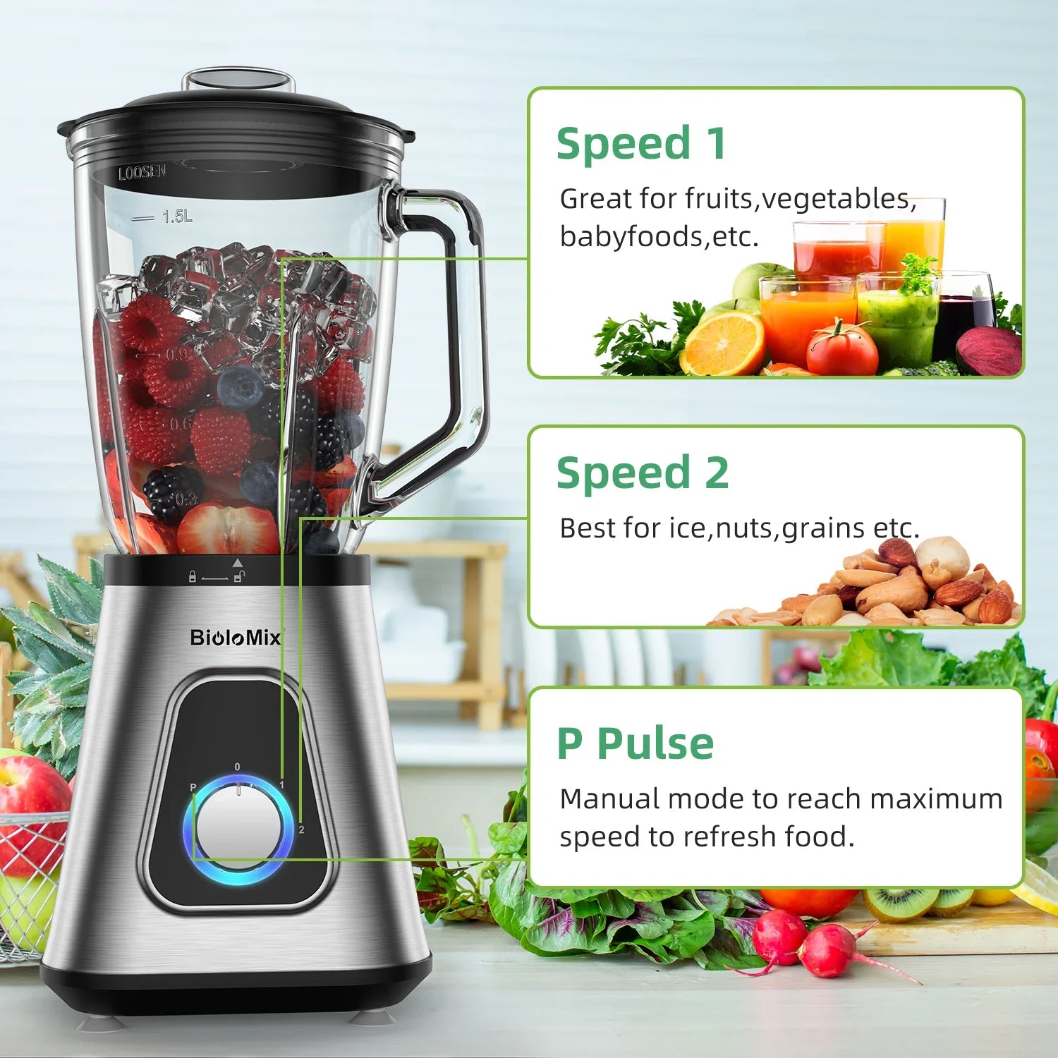 Biolomix 1300W Smoothie Blender For Frozen Fruit Drinks And Sauces