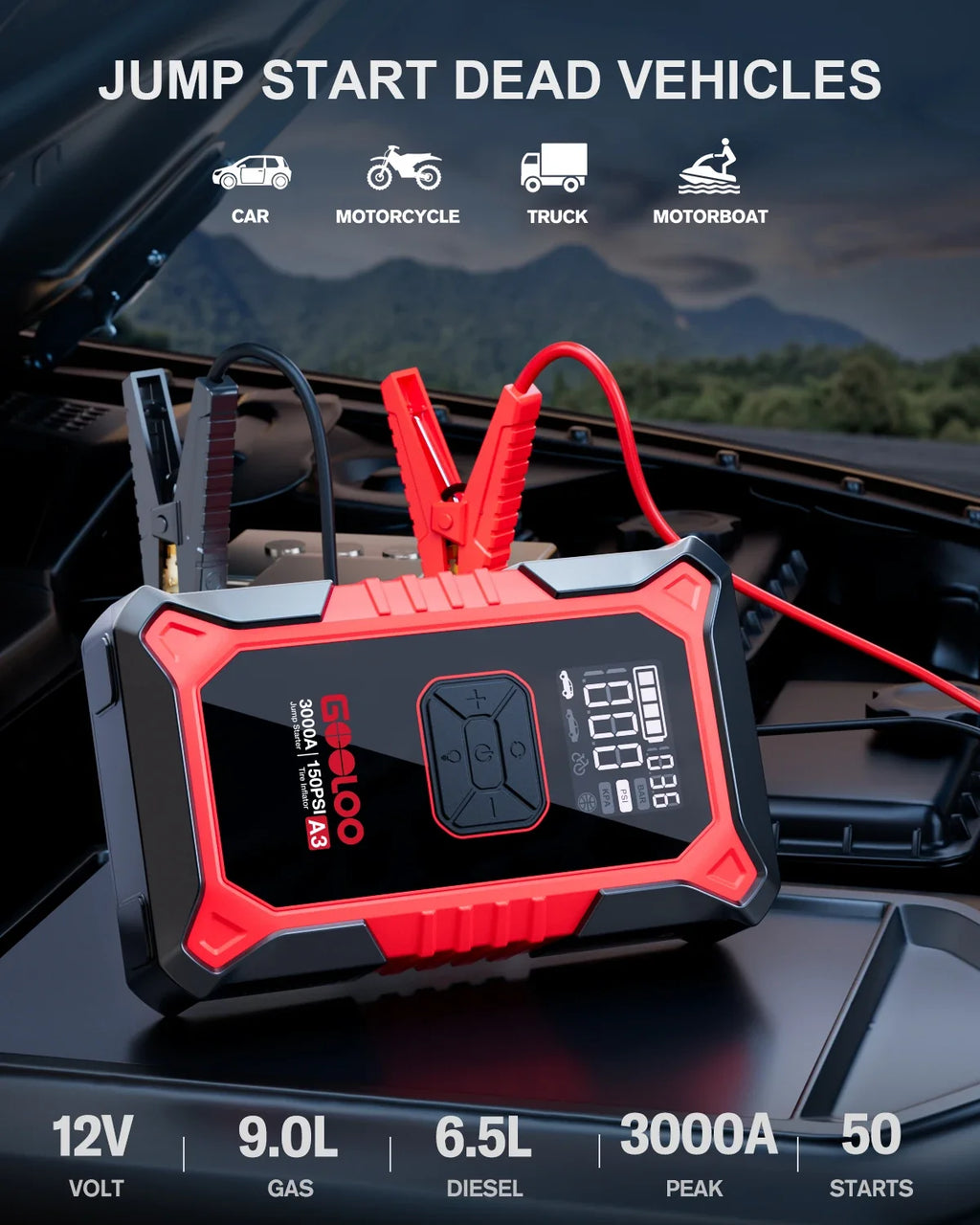 GOOLOO A3 Jump Starter With Air Compressor 3000A Car Booster