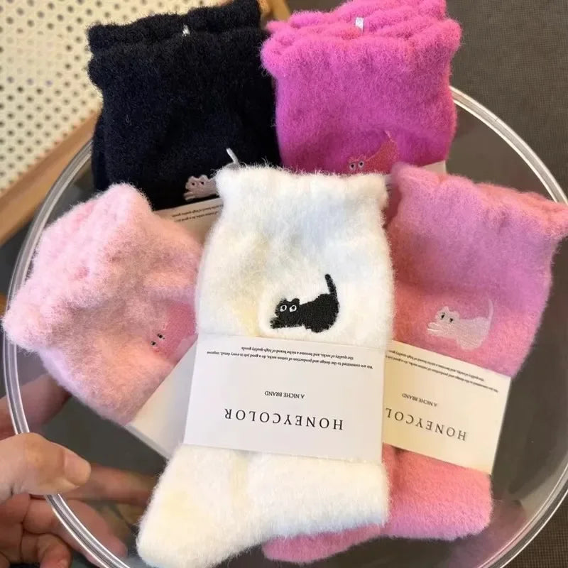 3Pairs Premium Feel Cute Cat Cozy Hairy Mink Velvet Socks Autumn Winter Hosiery Thickened Plush Warm Sleep Home Fluffy Socks
