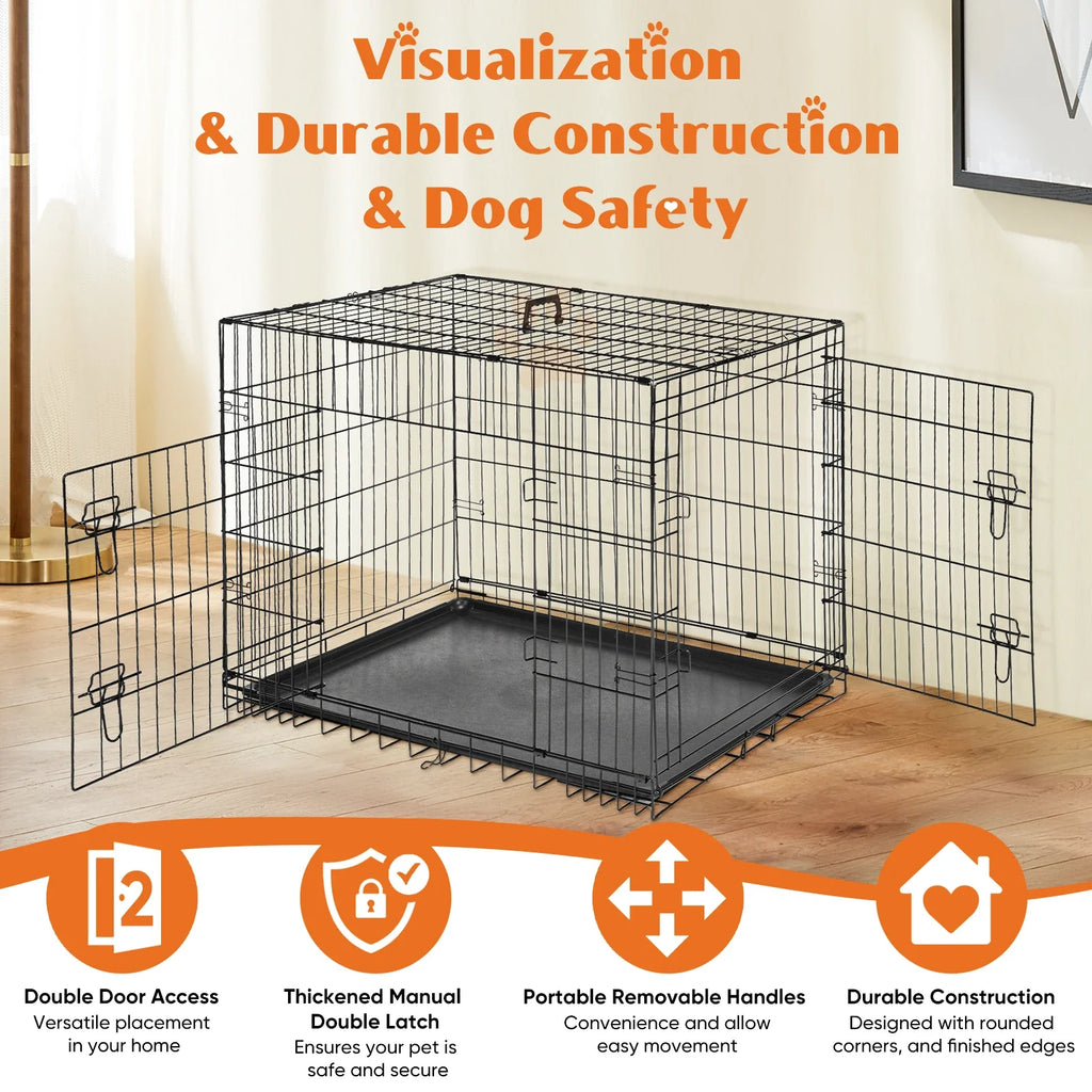 JHK Double Door Folding Dog Cage With Leakproof Pan