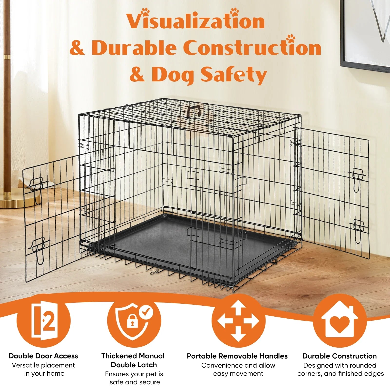 JHK Double Door Folding Dog Cage With Leakproof Pan