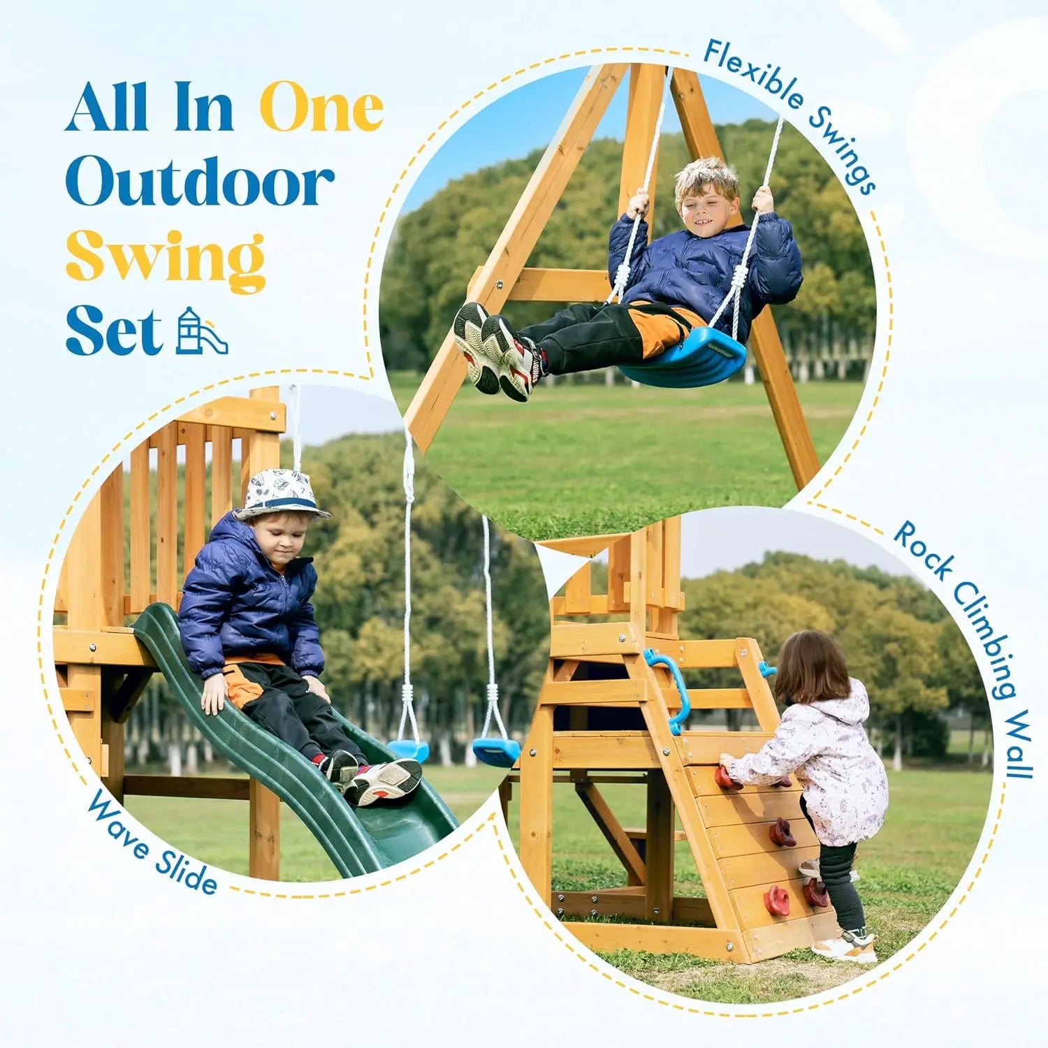 Rolife Wooden Swing Set With Dual Swings Rock Climbing Wall