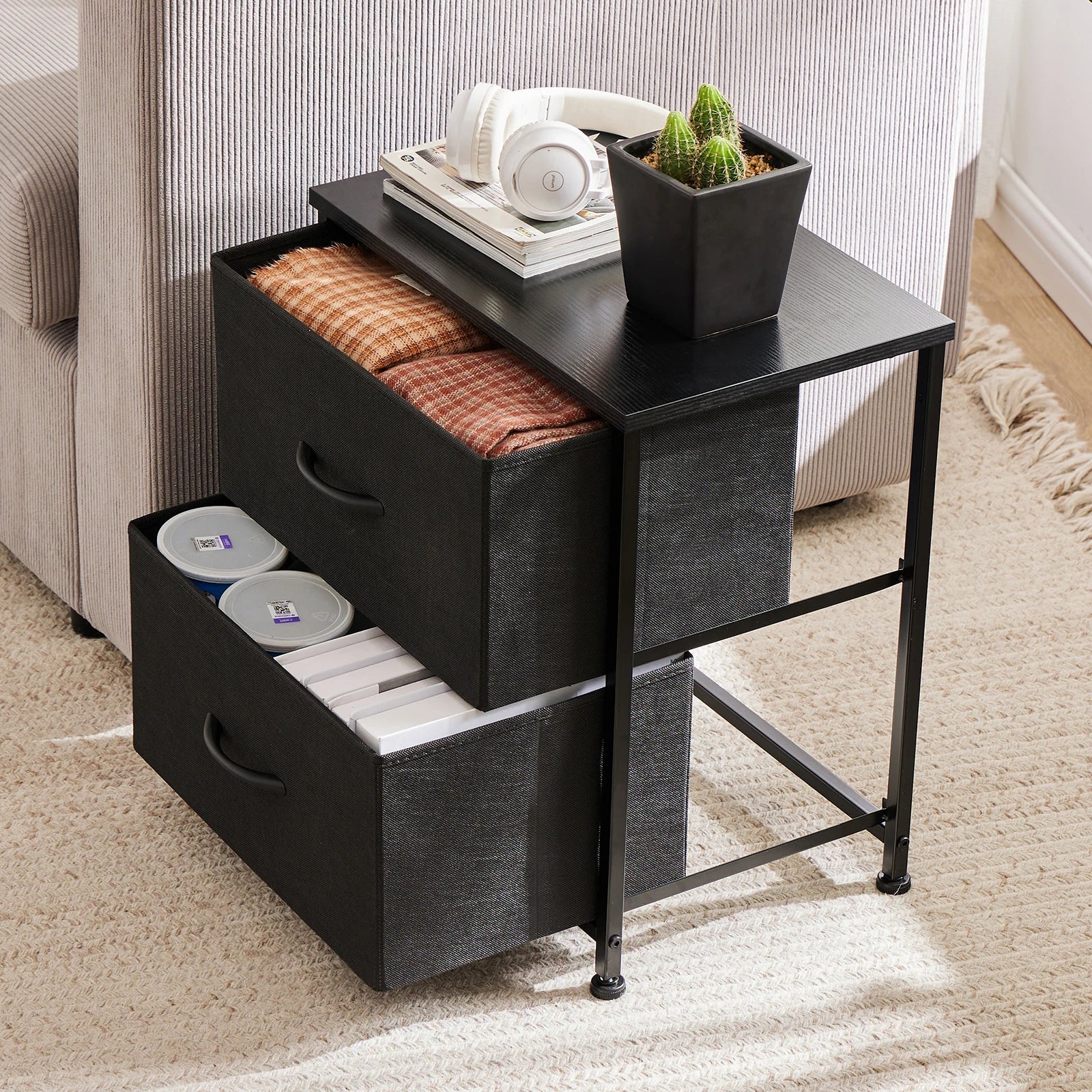 JHK Nightstand Bedside Table With Fabric Drawers And Storage