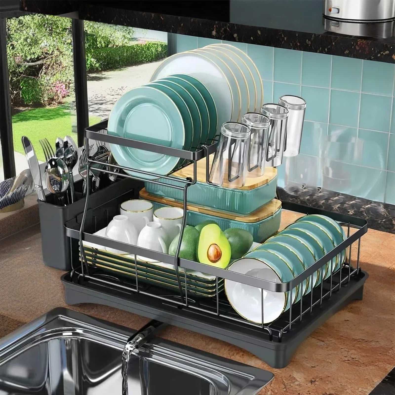 Two-Tier Dish Drying Rack for Kitchen Countertop
