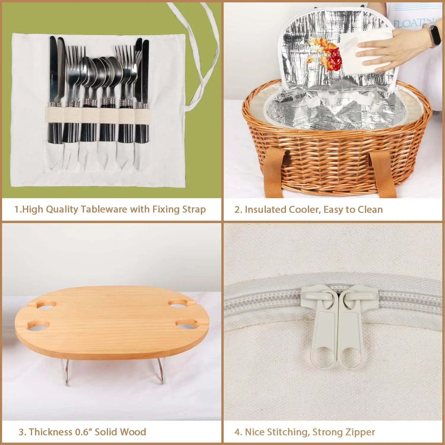 YTYIN Wicker Picnic Basket Set For Four With Insulated Cooler