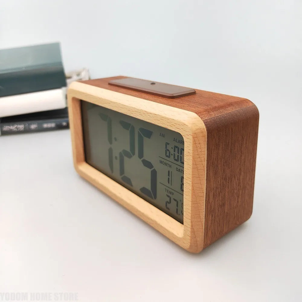 Wooden LED Digital Alarm Clock With Snooze Date Temperature