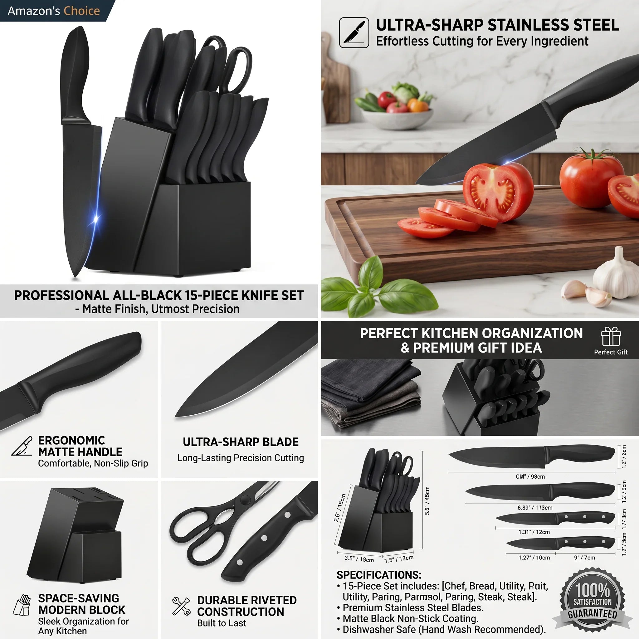 Stainless Steel Kitchen Knife Set With Block Sharpener Scissors
