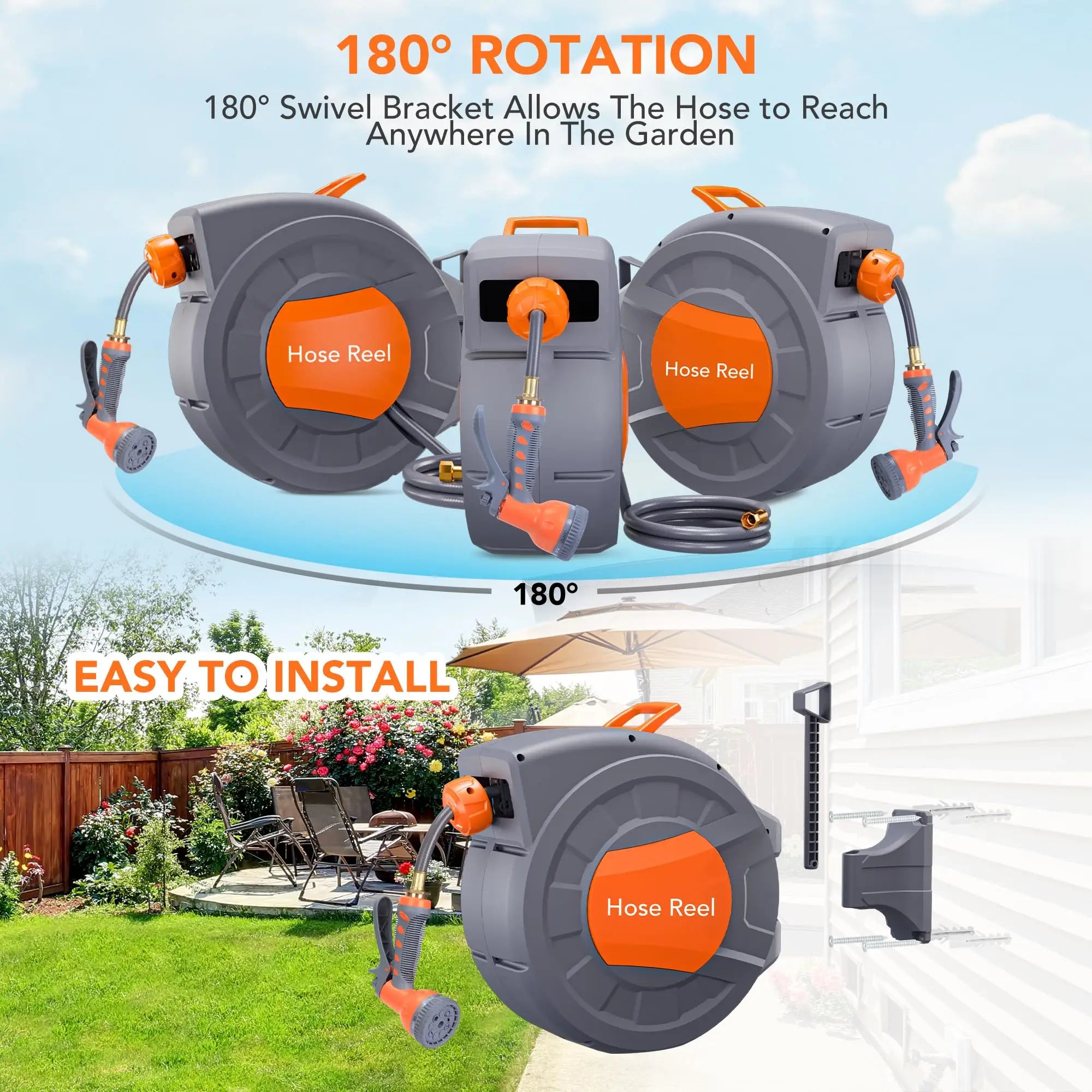 HiMISS Wall Mounted Retractable Garden Hose Reel Auto Rewind