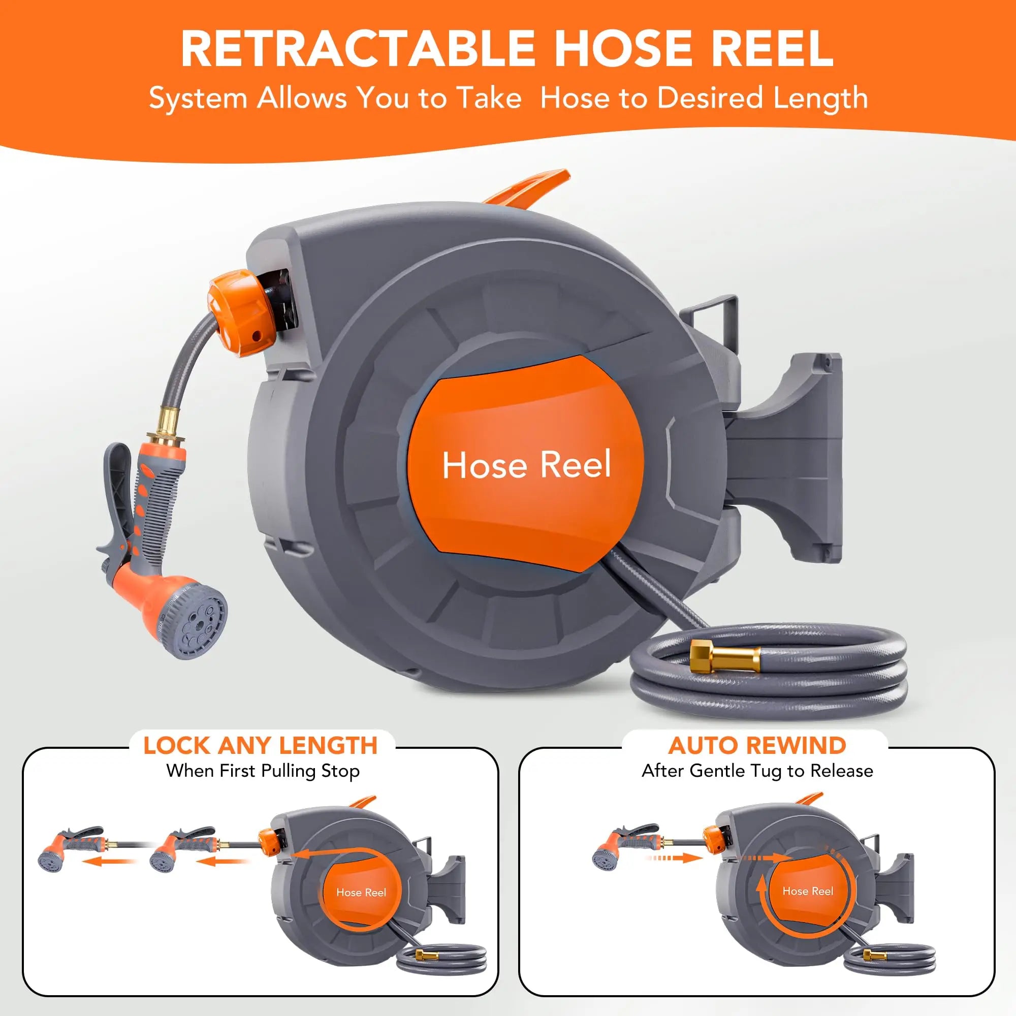 HiMISS Wall Mounted Retractable Garden Hose Reel Auto Rewind