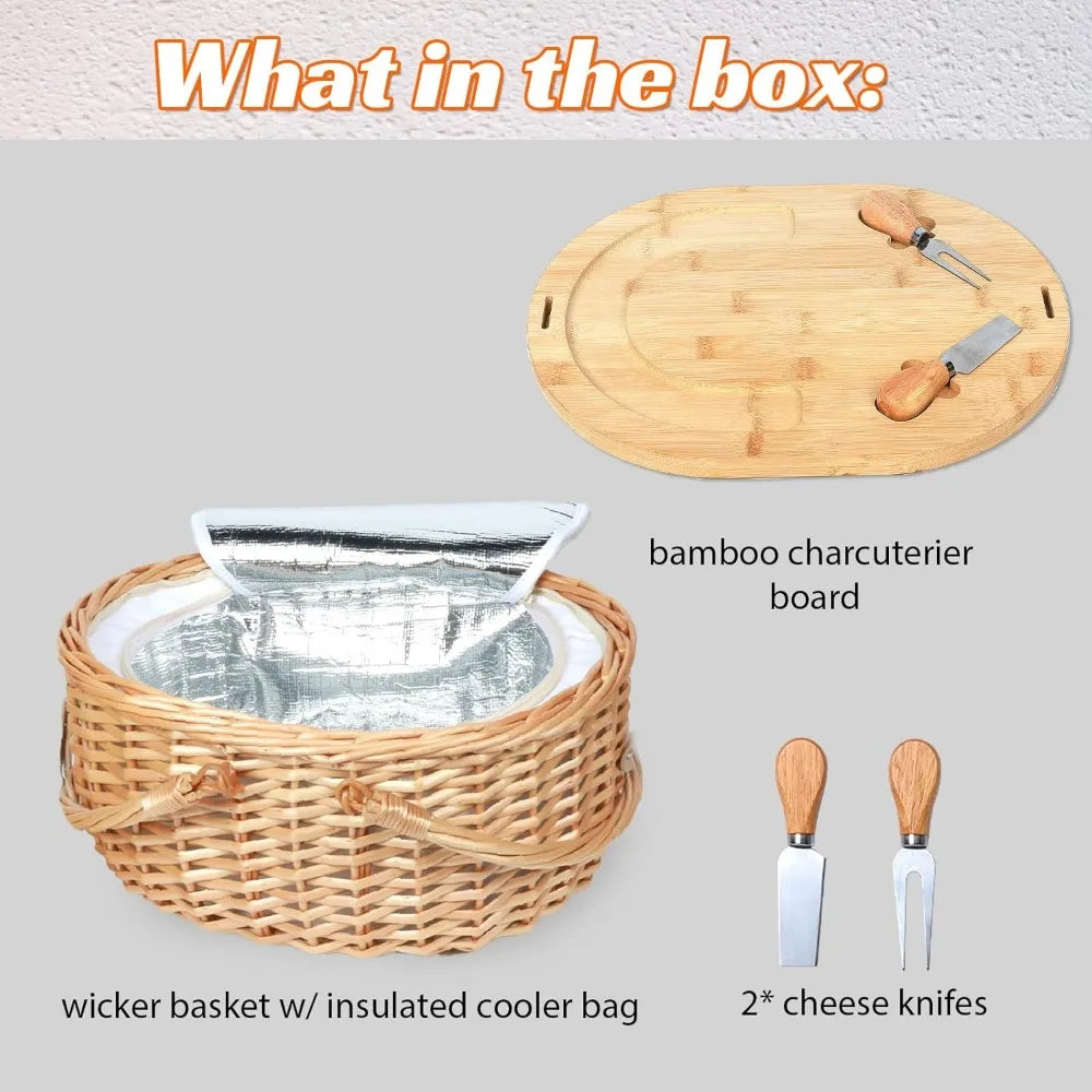 NBVCX Wicker Picnic Basket Set With Charcuterie Boards For Two