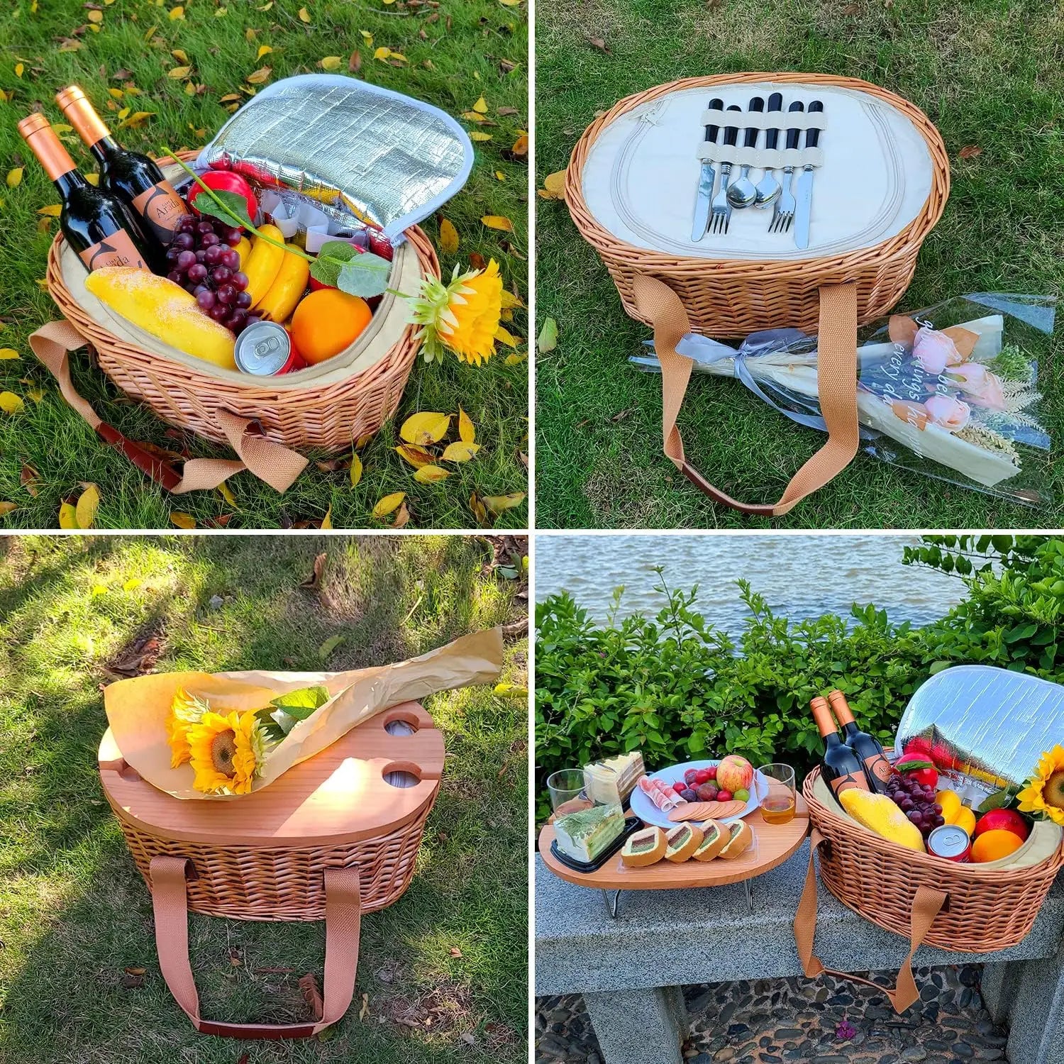YTYIN Wicker Picnic Basket Set For Four With Insulated Cooler