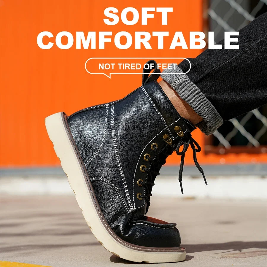 Two layer cowhide men's anti-smash anti-puncture high top work safety shoes