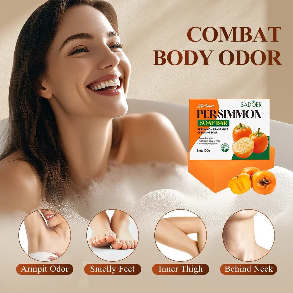 1/2PCS Persimmon Cleansing Soap Bar With Foaming Net Body Care Face Wash Exfoliating Whitening Soap Fruit Handmade Shower Soap