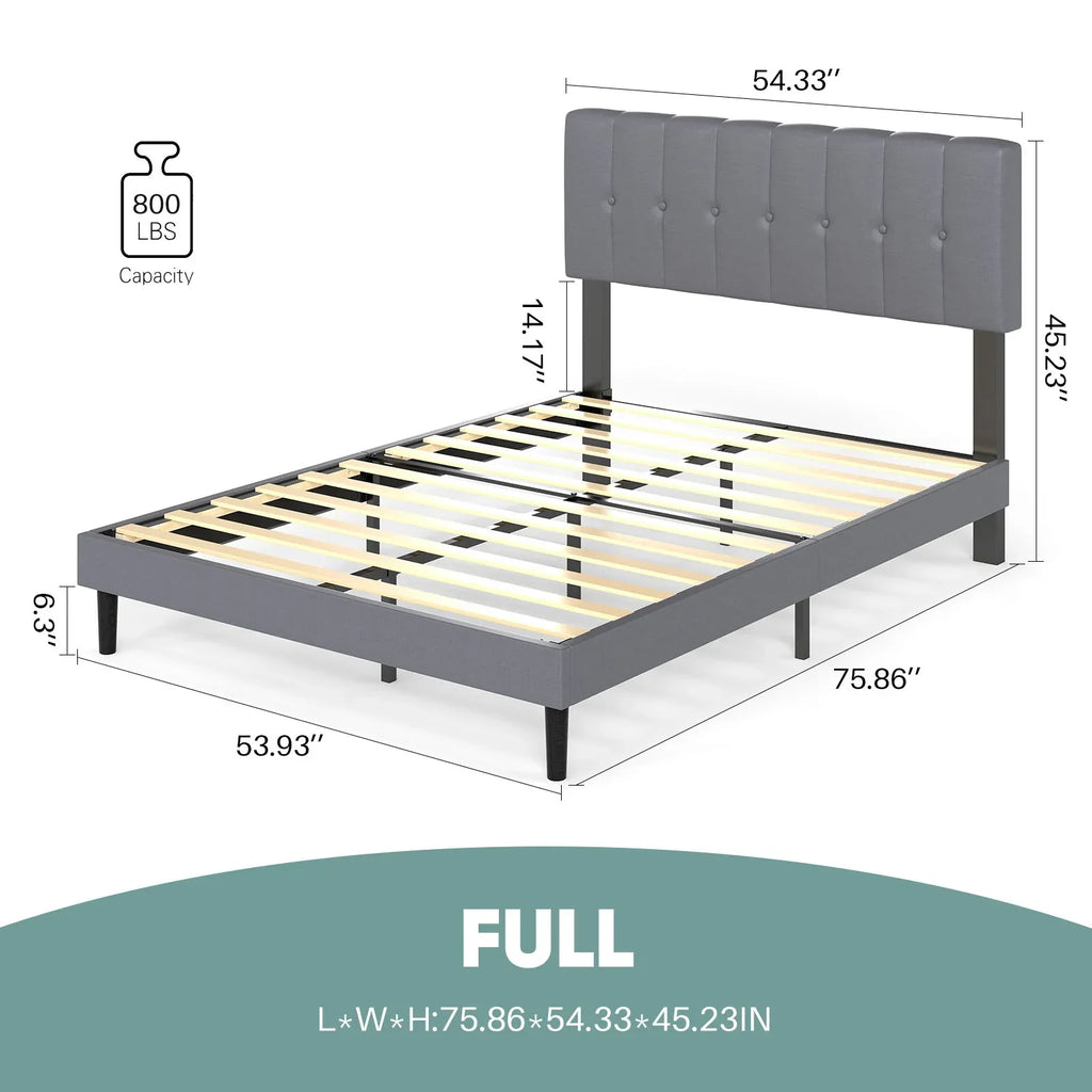 JHK Wooden Upholstered Platform Bed With Adjustable Headboard