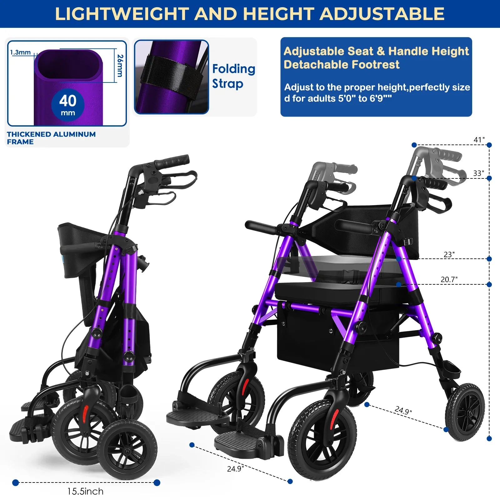 Rolling Walker Wheelchair Combo With Adjustable Seat And Handle