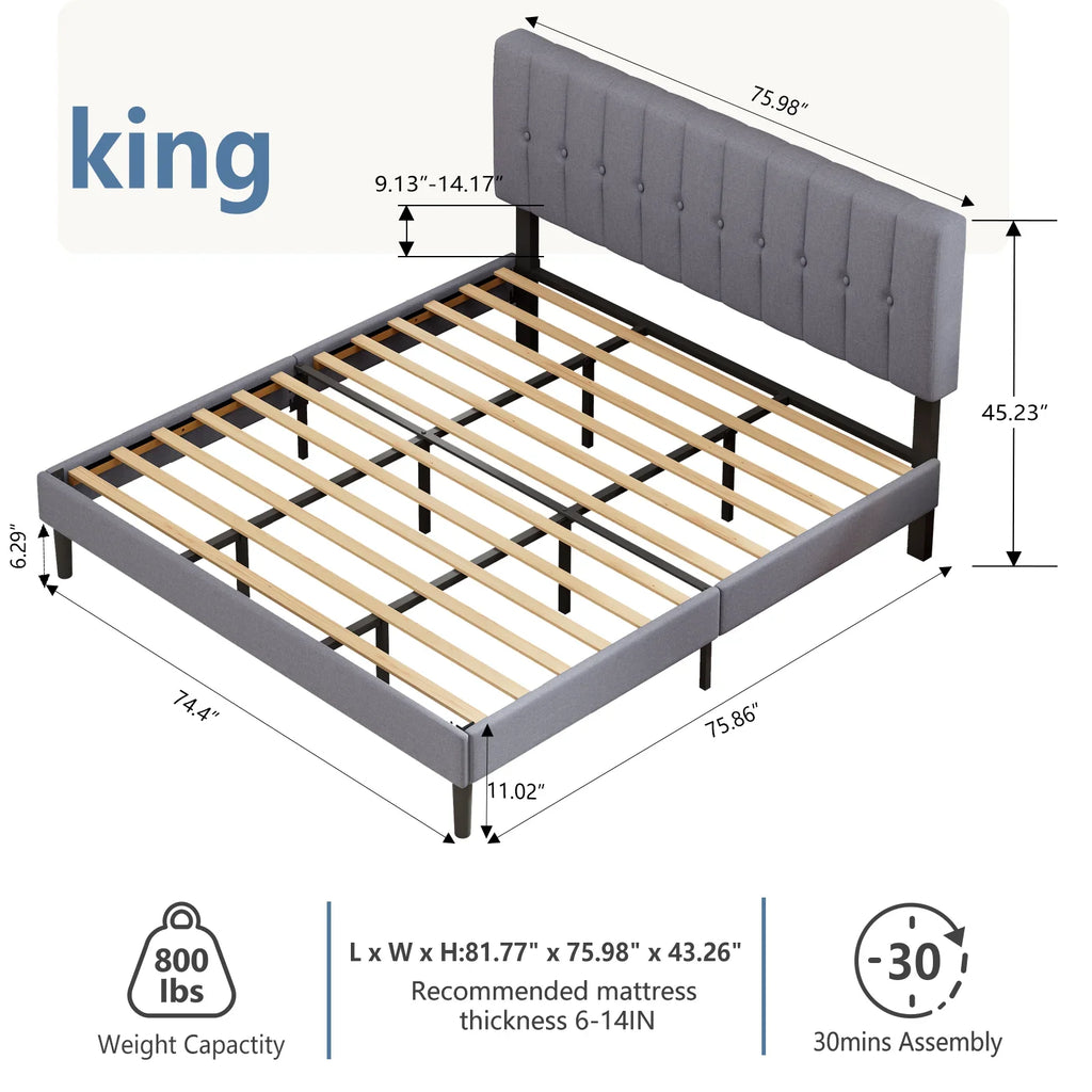JHK Wooden Upholstered Platform Bed With Adjustable Headboard