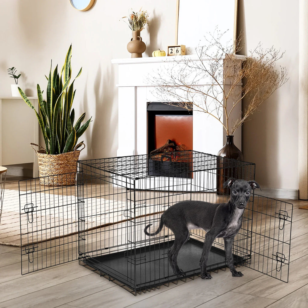 JHK Double Door Folding Dog Cage With Leakproof Pan
