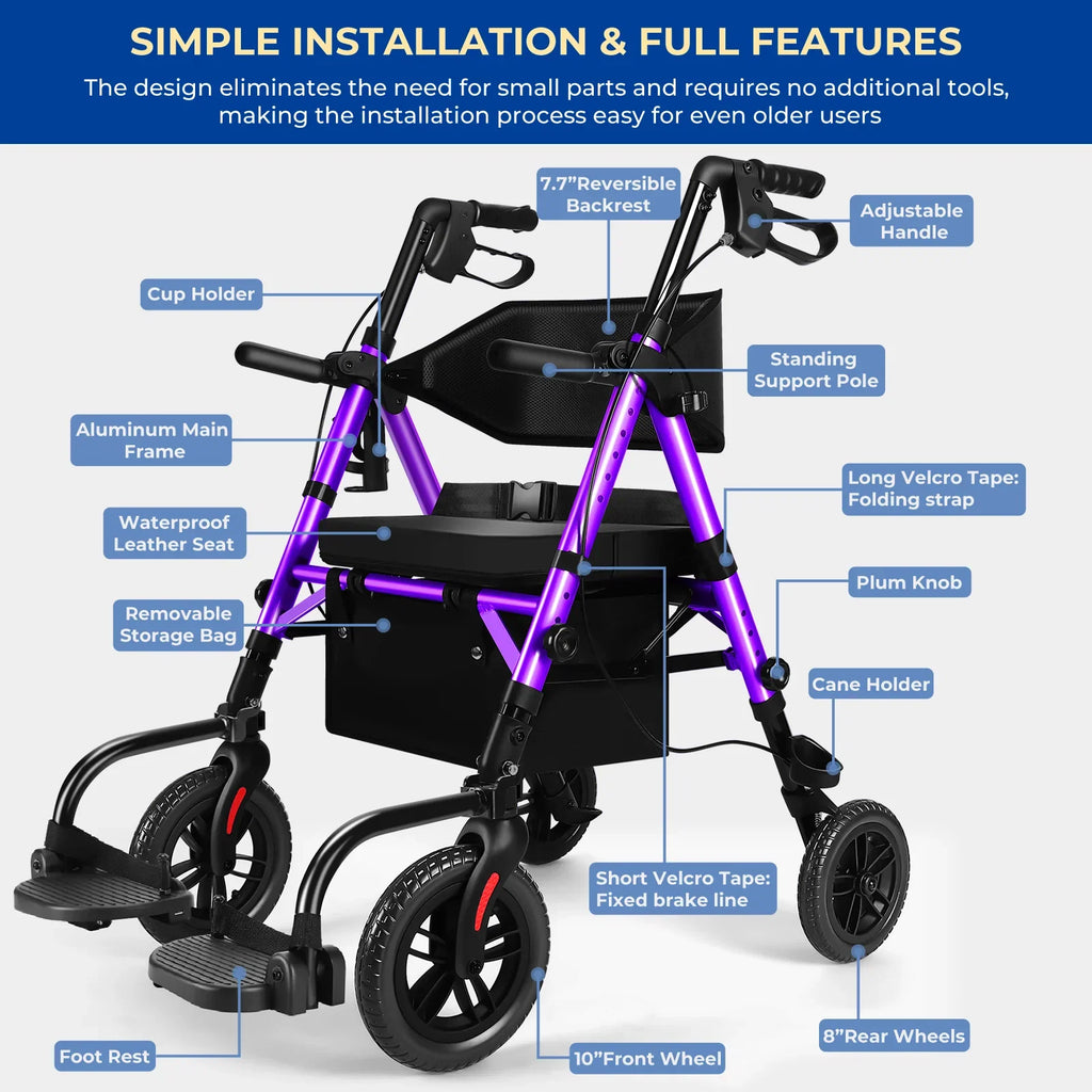 Rolling Walker Wheelchair Combo With Adjustable Seat And Handle