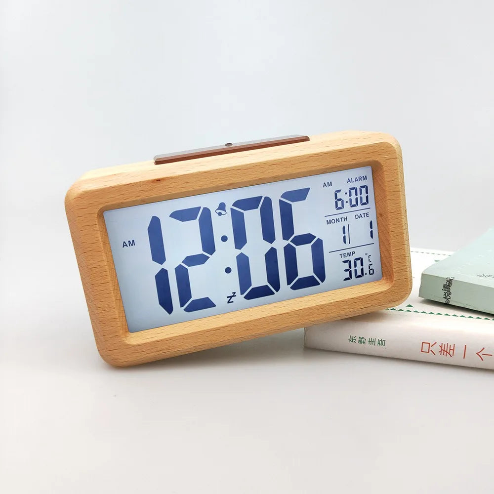 Wooden LED Digital Alarm Clock With Snooze Date Temperature