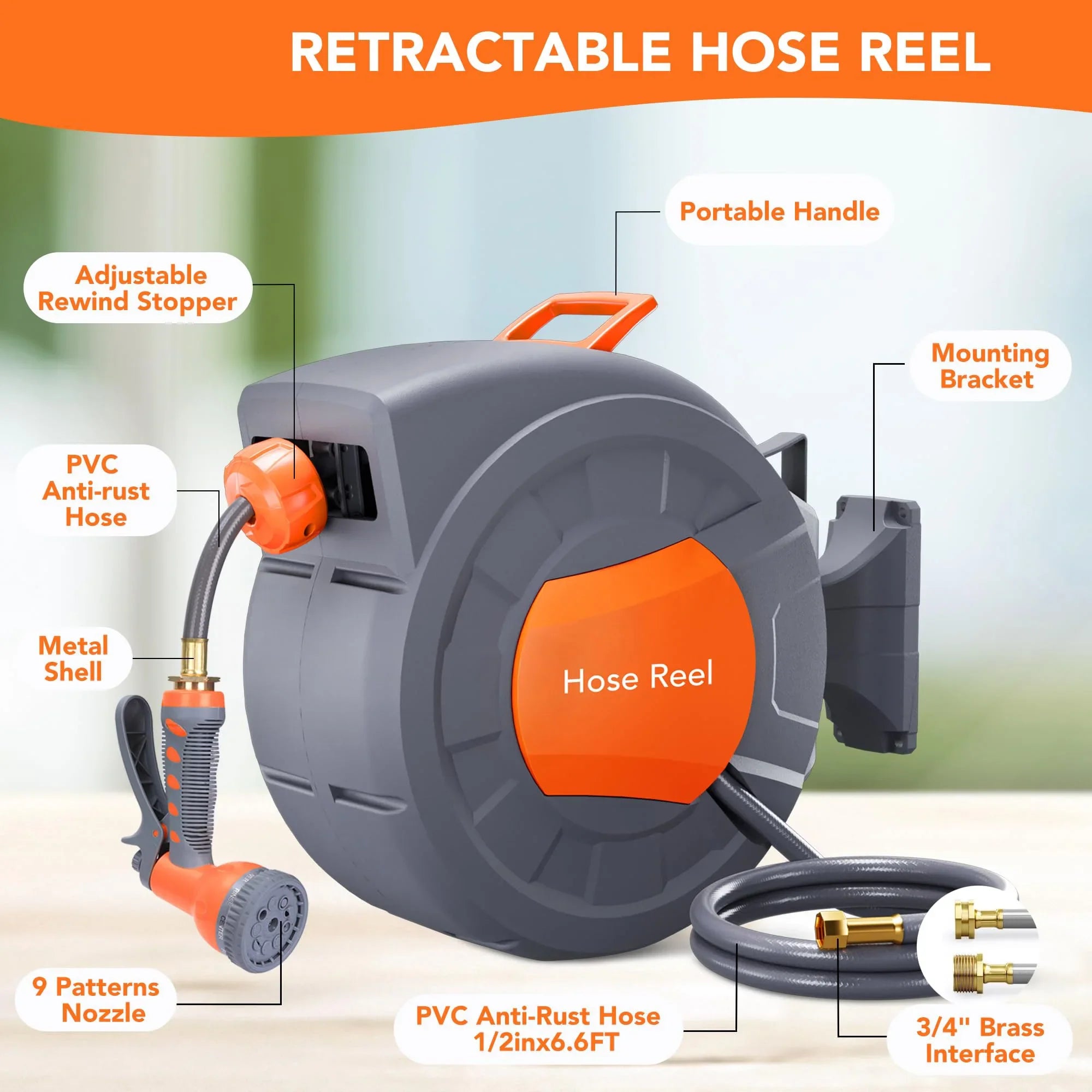 HiMISS Wall Mounted Retractable Garden Hose Reel Auto Rewind