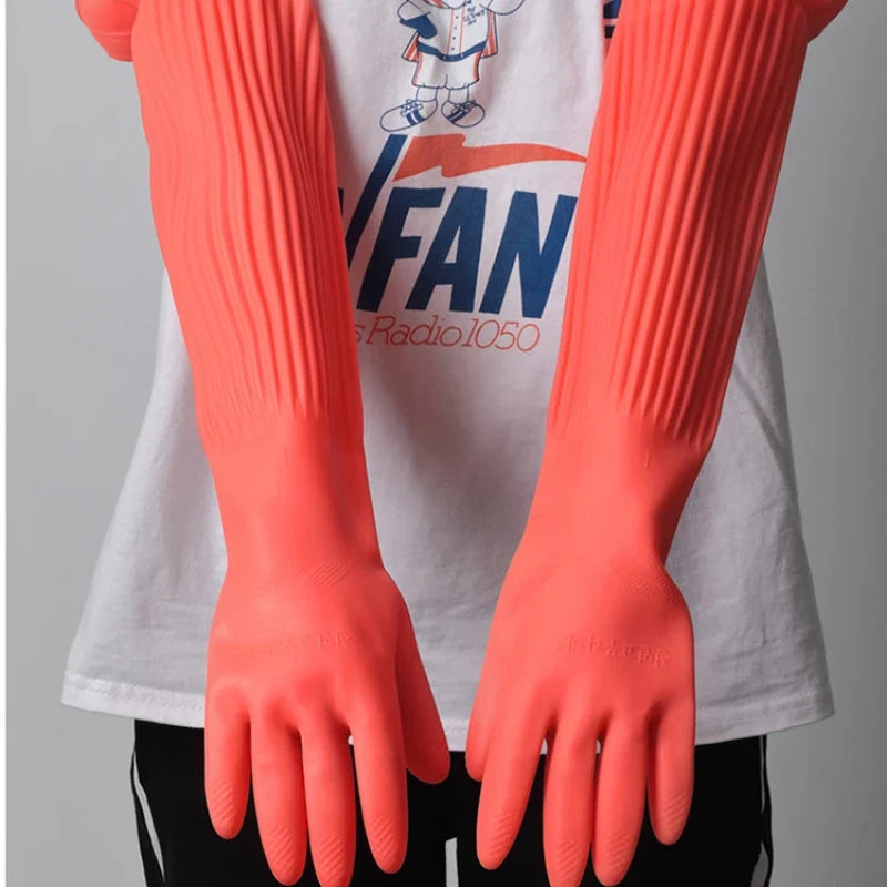 1 Pair Silicone Dishwashing Gloves – Rubber Scrubber Gloves for Household Kitchen Cleaning, Long & Durable