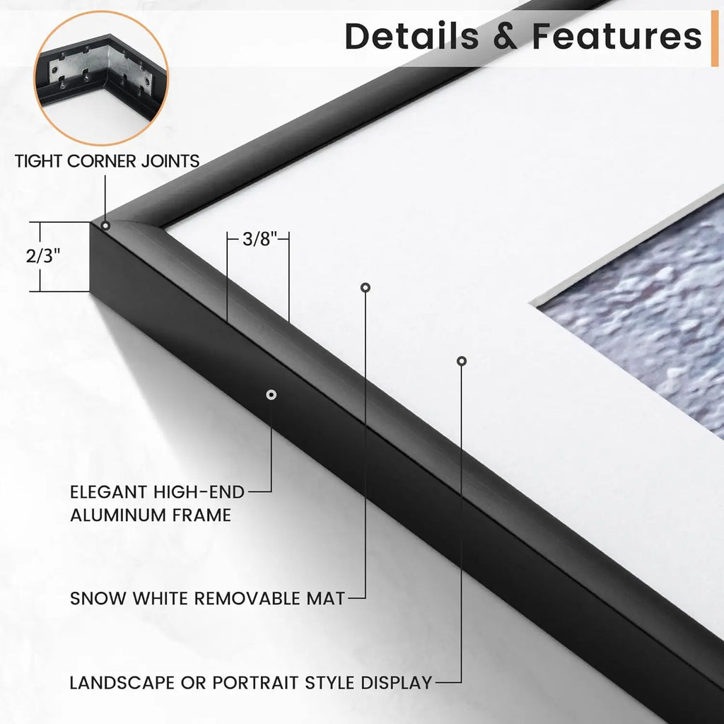 Aluminum Picture Frames Set With Mat For Wall Art Display