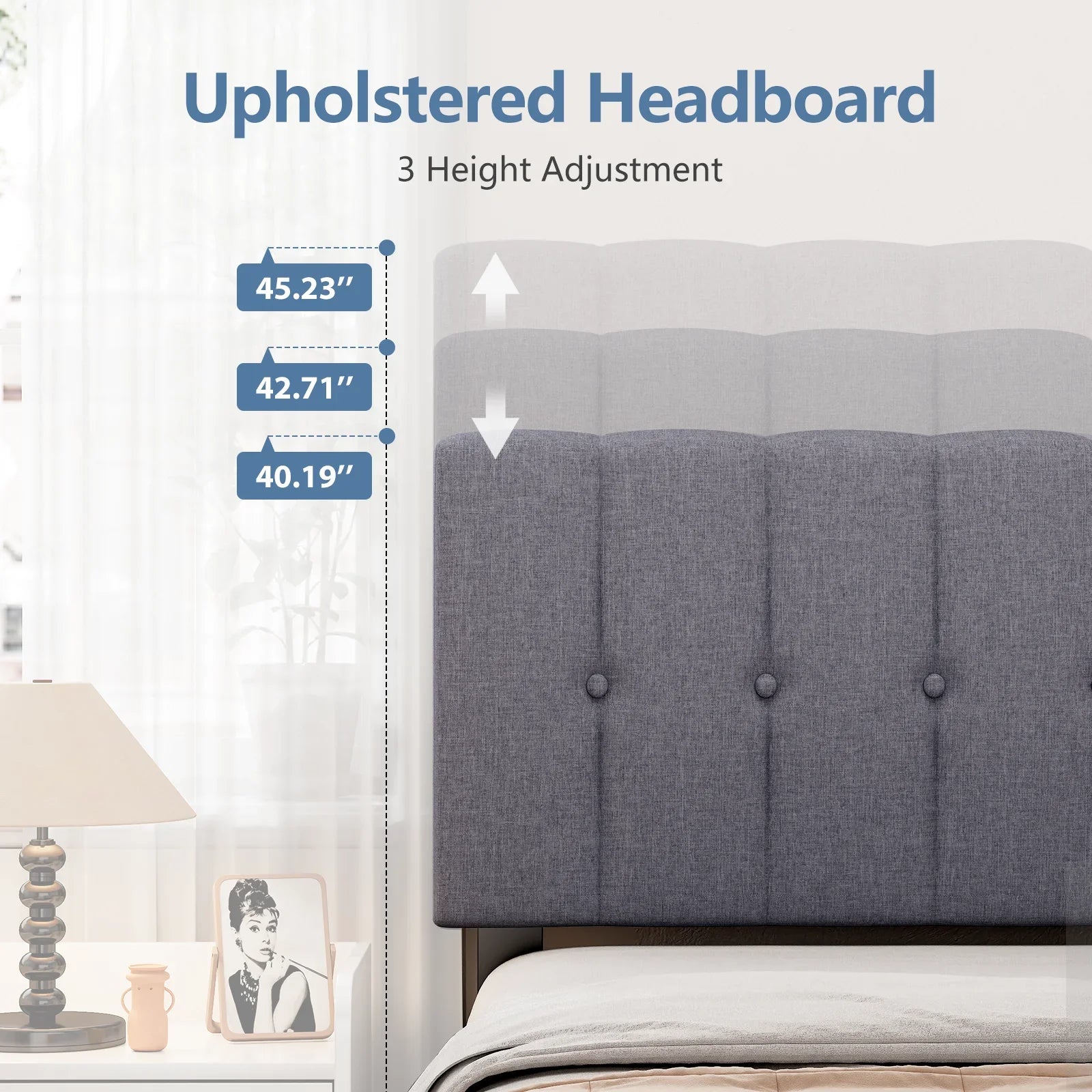 JHK Wooden Upholstered Platform Bed With Adjustable Headboard