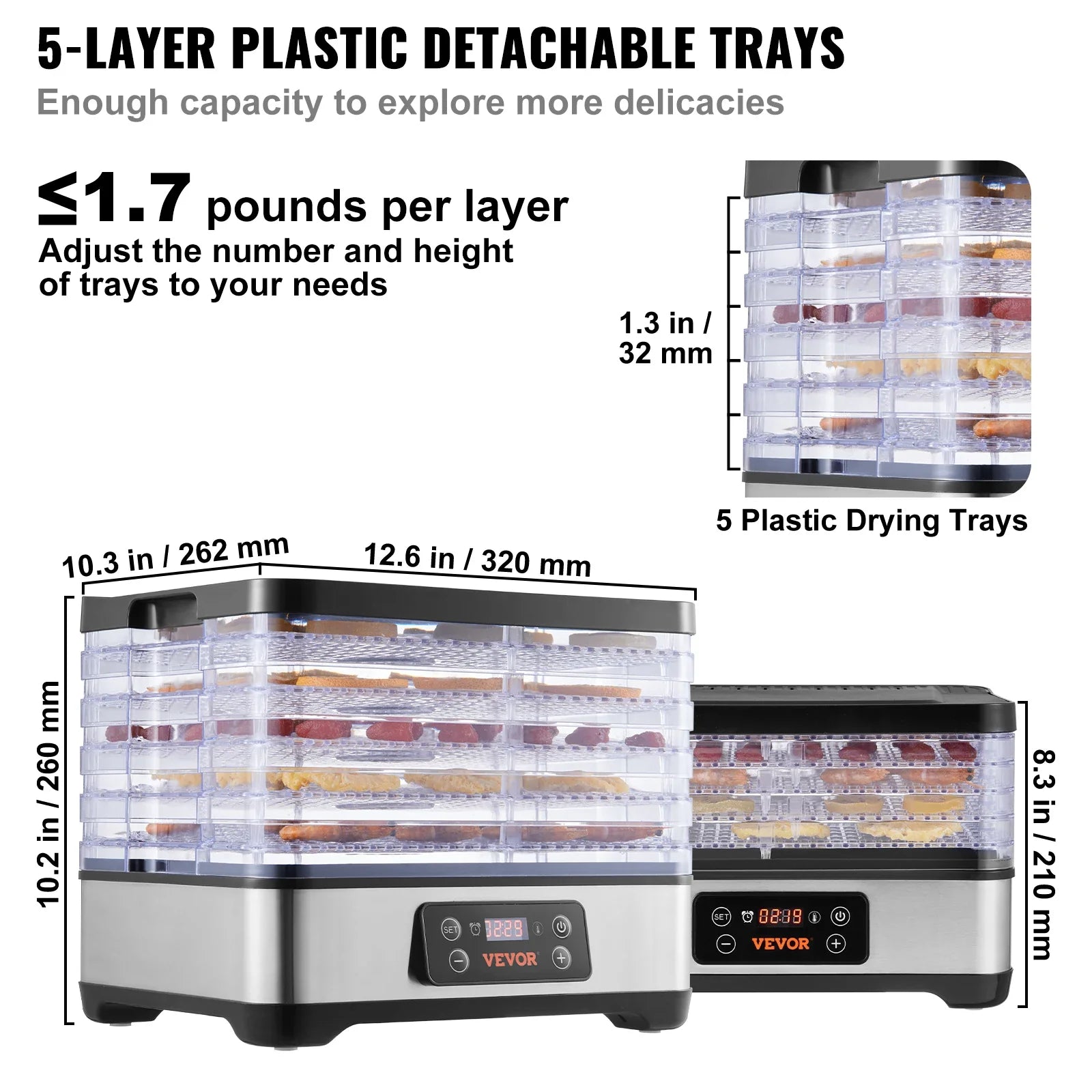 VEVOR 5 Tray Food Dehydrator With Digital Timer And Temperature