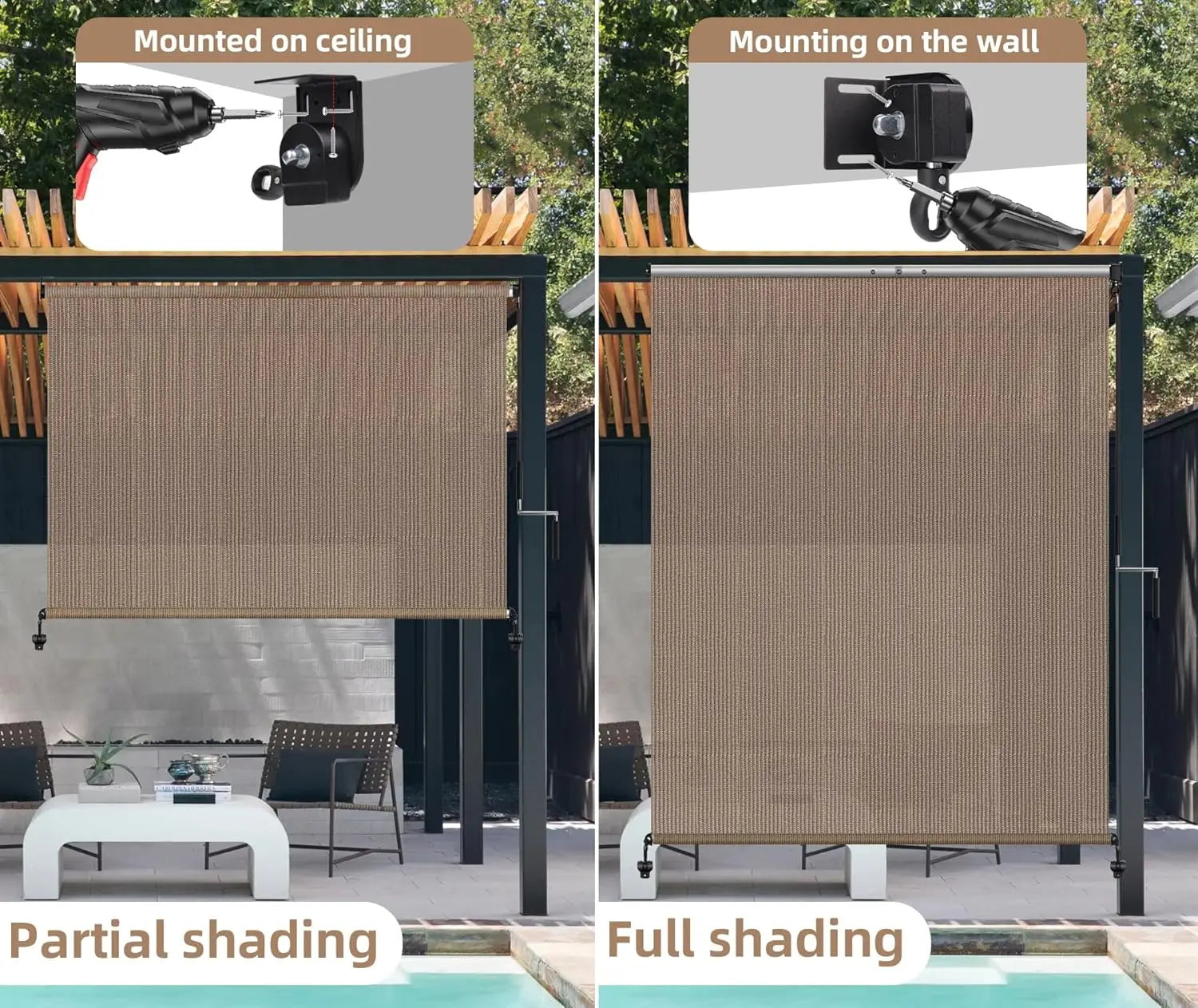 Cordless Outdoor Roller Shade UV Blocking Privacy Screen For Patio