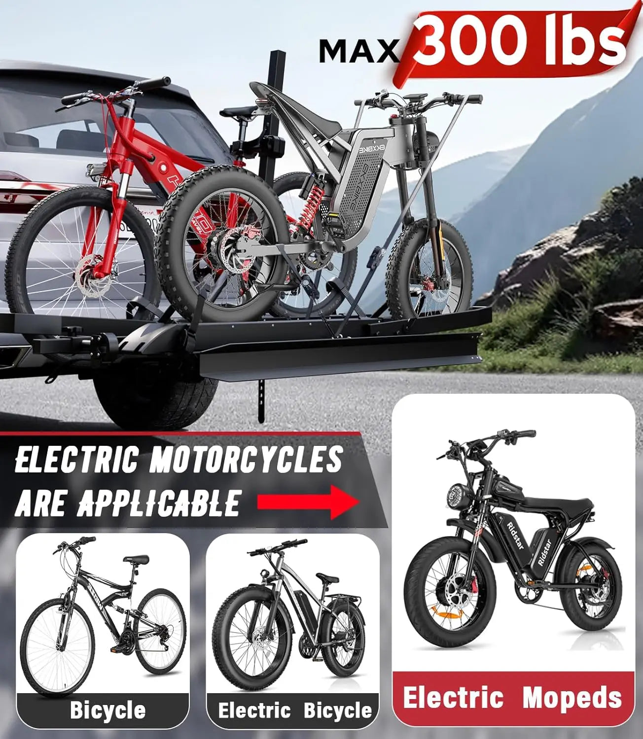 Ebike Rack With Ramp Foldable Tow Hitch Carrier For Two Fat Tire Bikes 300lb