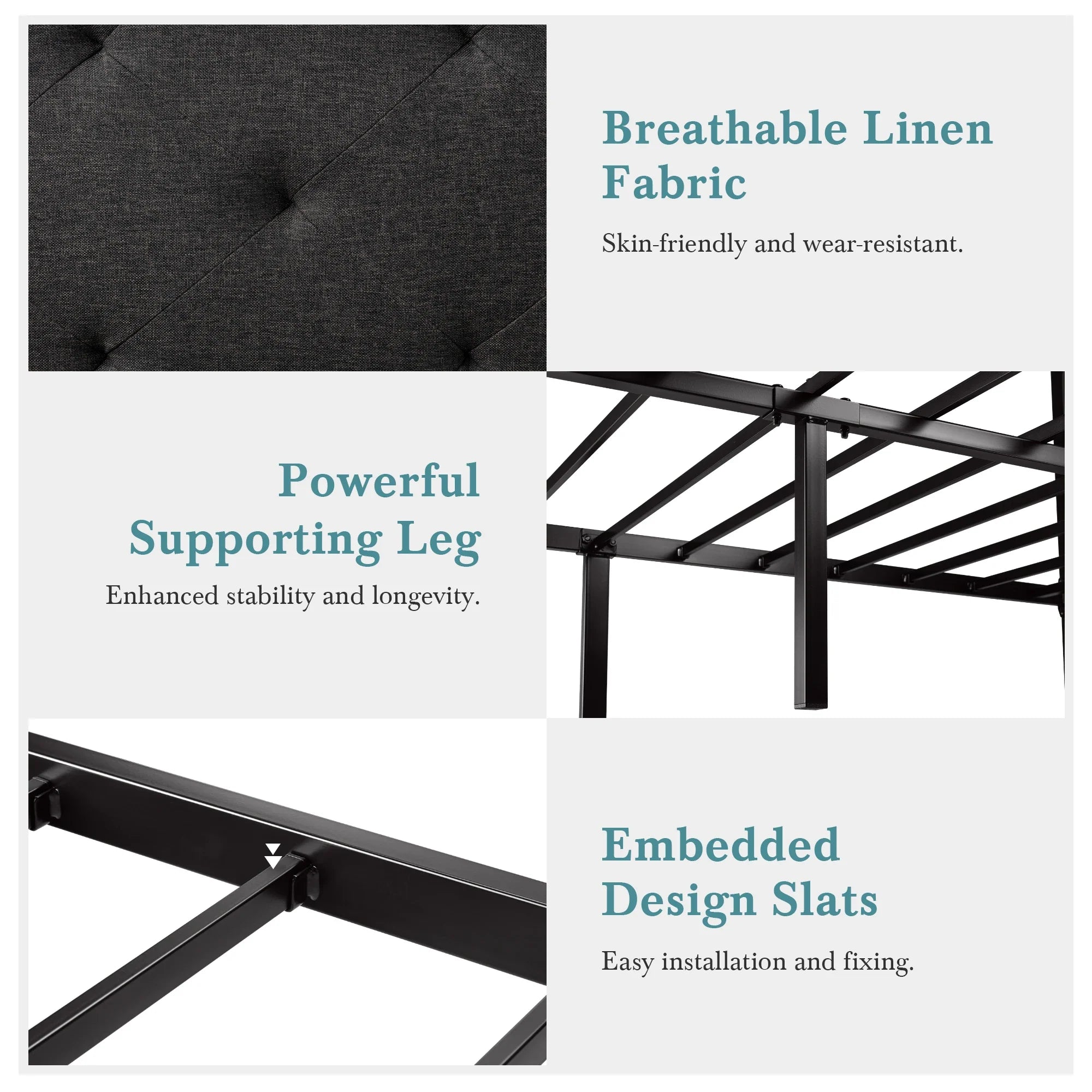 HOOMICH Metal Bed Frame With Upholstered Headboard Linen