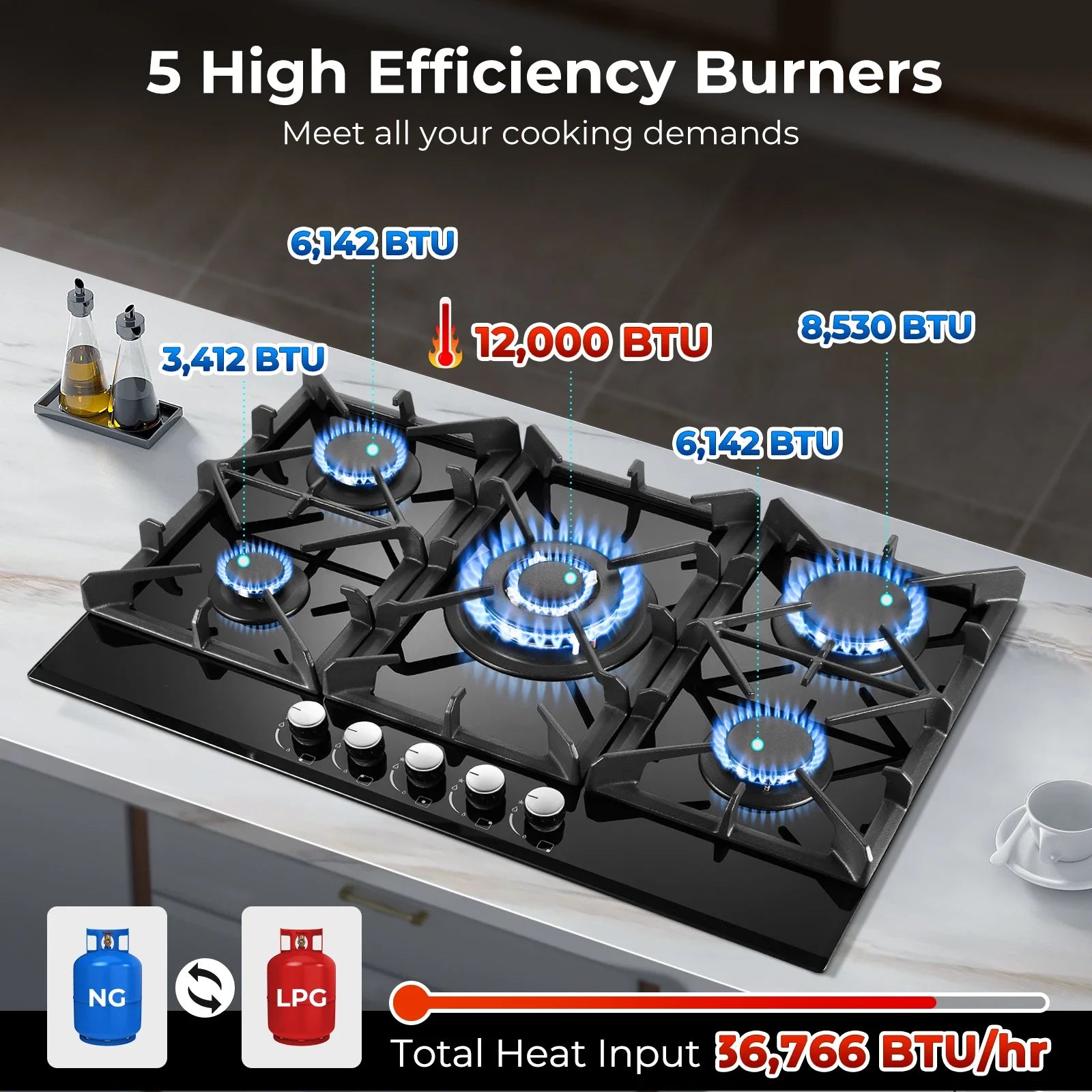 Tieasy Five-Burner Gas Cooktop Built-In NG LPG Thermocouple Protection