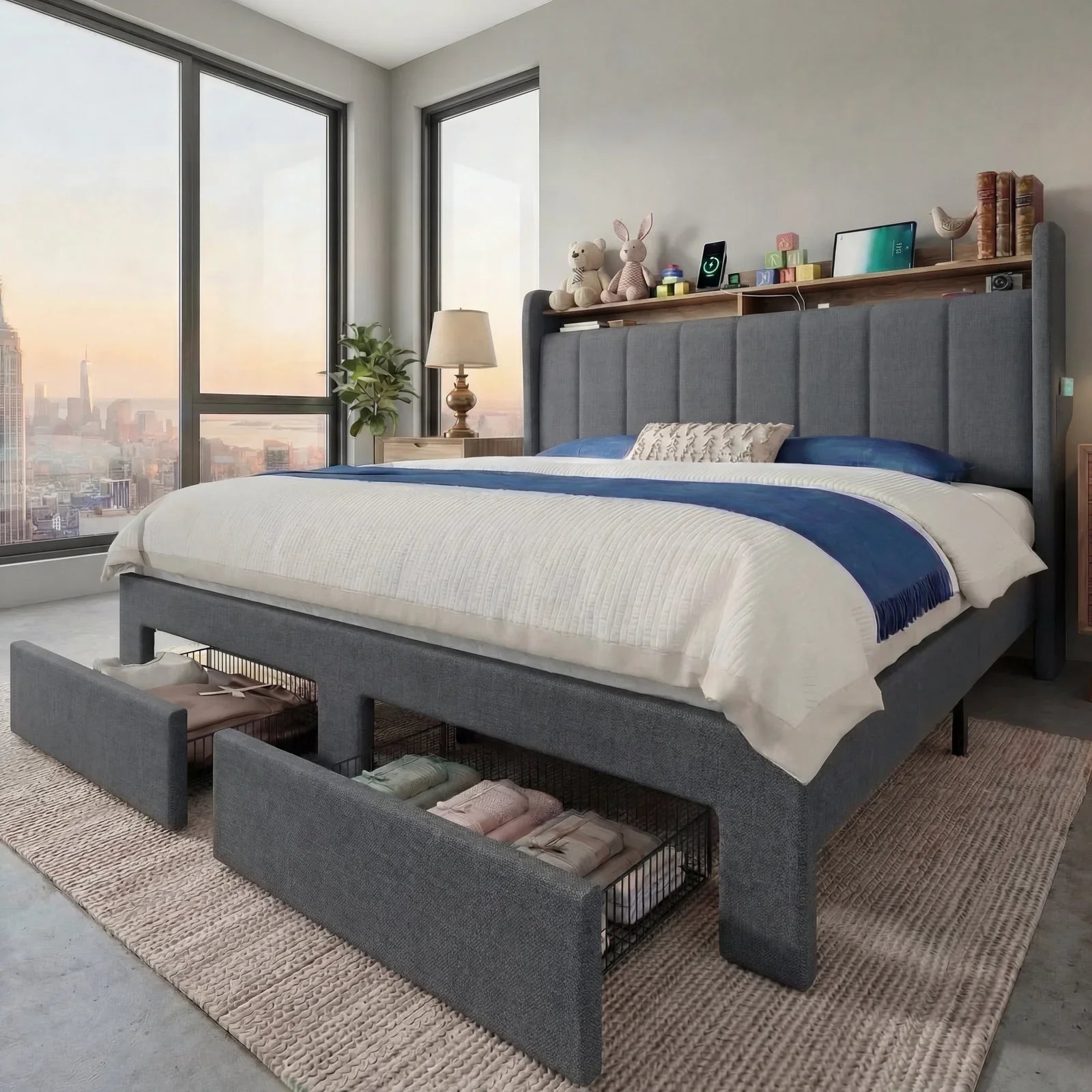 HOOMIC Bed Frame With Storage Drawers, Shelves, And LED Lighting